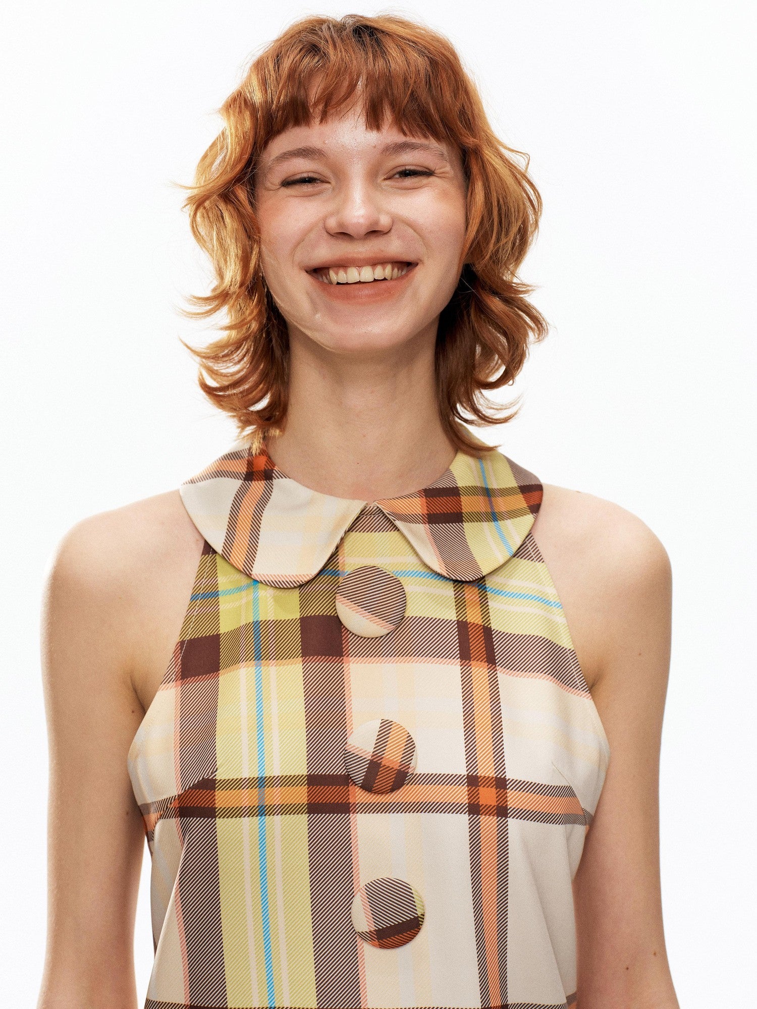 YOSHUYUKI Yellow Green Plaid Doll Collar Raglan A Line Women&