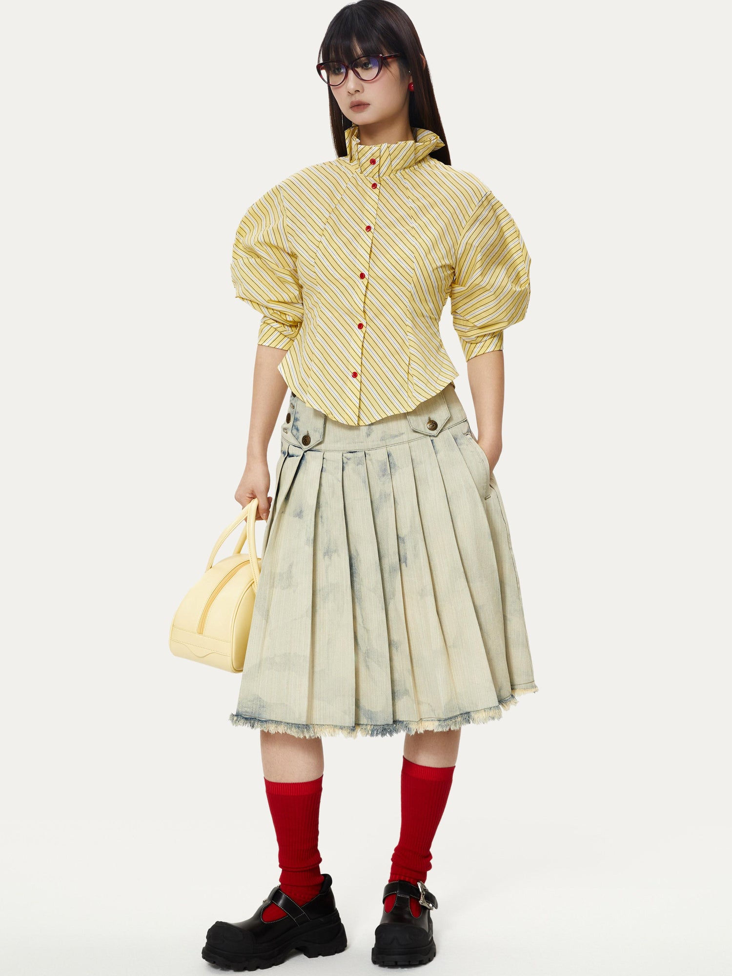 YOSHUYUKI Yellow Stripe Vintage Luff Puff Short Sleeve Shirt