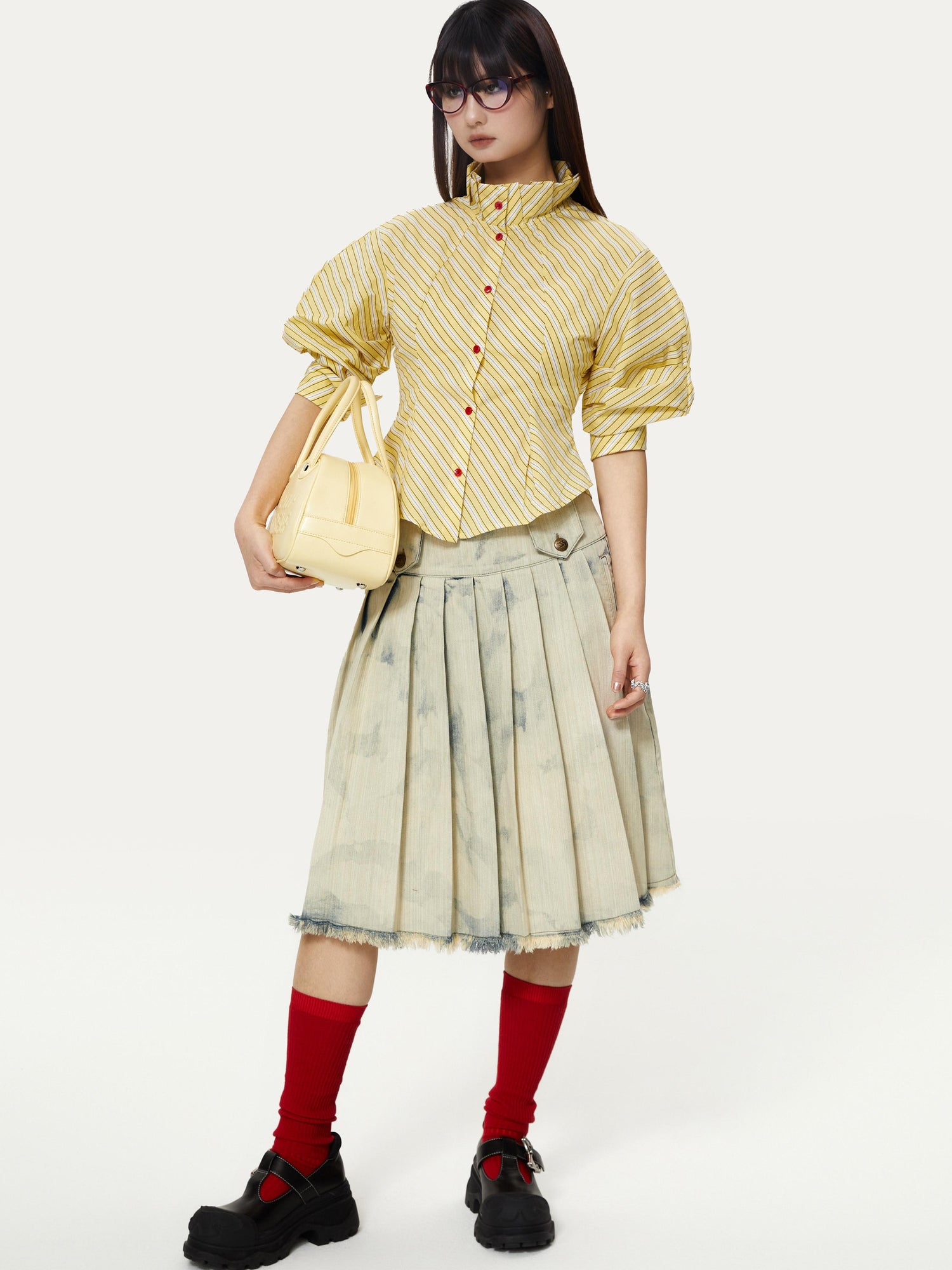 YOSHUYUKI Yellow Stripe Vintage Luff Puff Short Sleeve Shirt