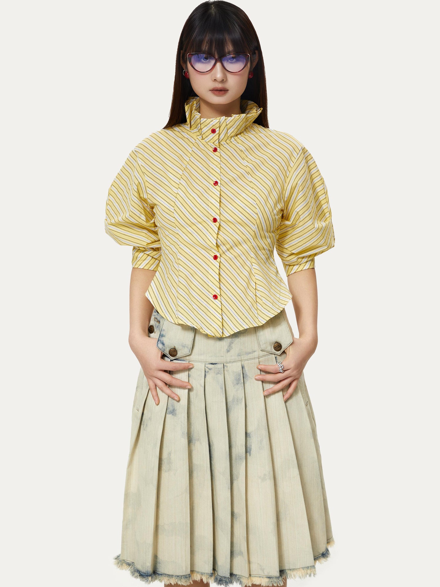 YOSHUYUKI Yellow Stripe Vintage Luff Puff Short Sleeve Shirt