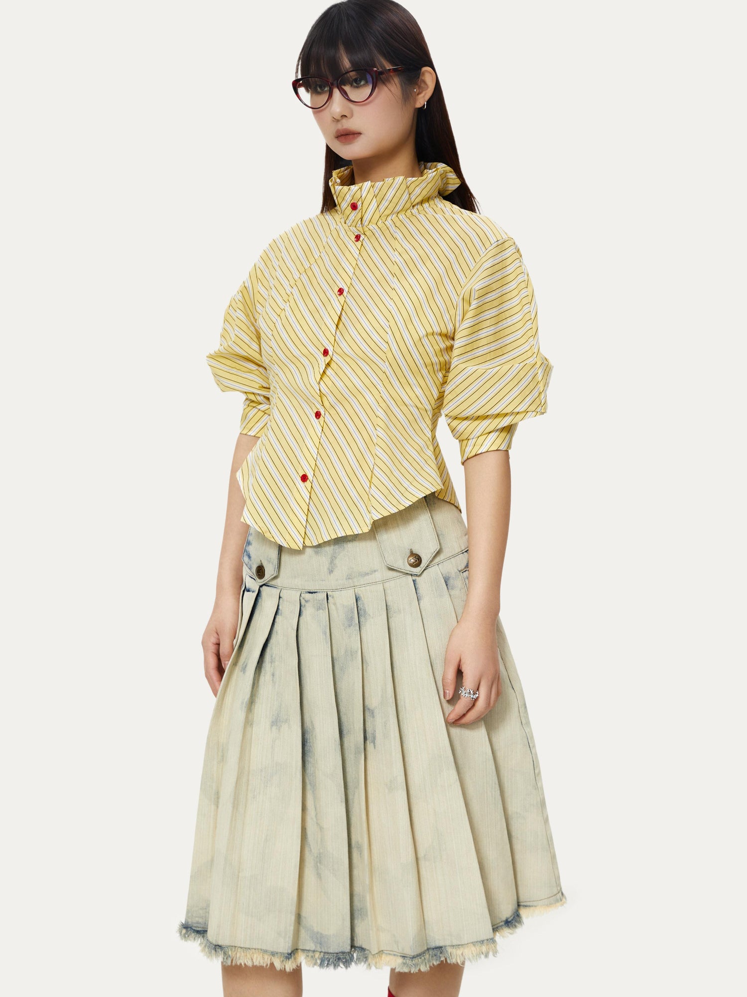 YOSHUYUKI Yellow Stripe Vintage Luff Puff Short Sleeve Shirt