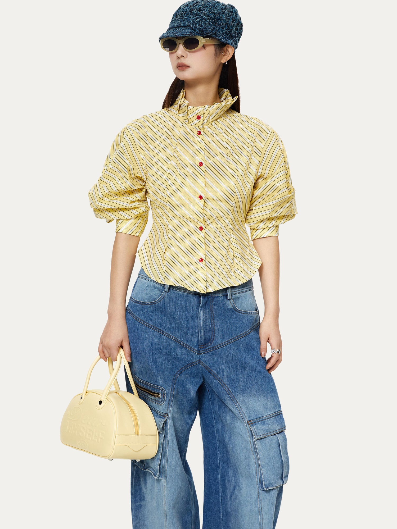 YOSHUYUKI Yellow Stripe Vintage Luff Puff Short Sleeve Shirt
