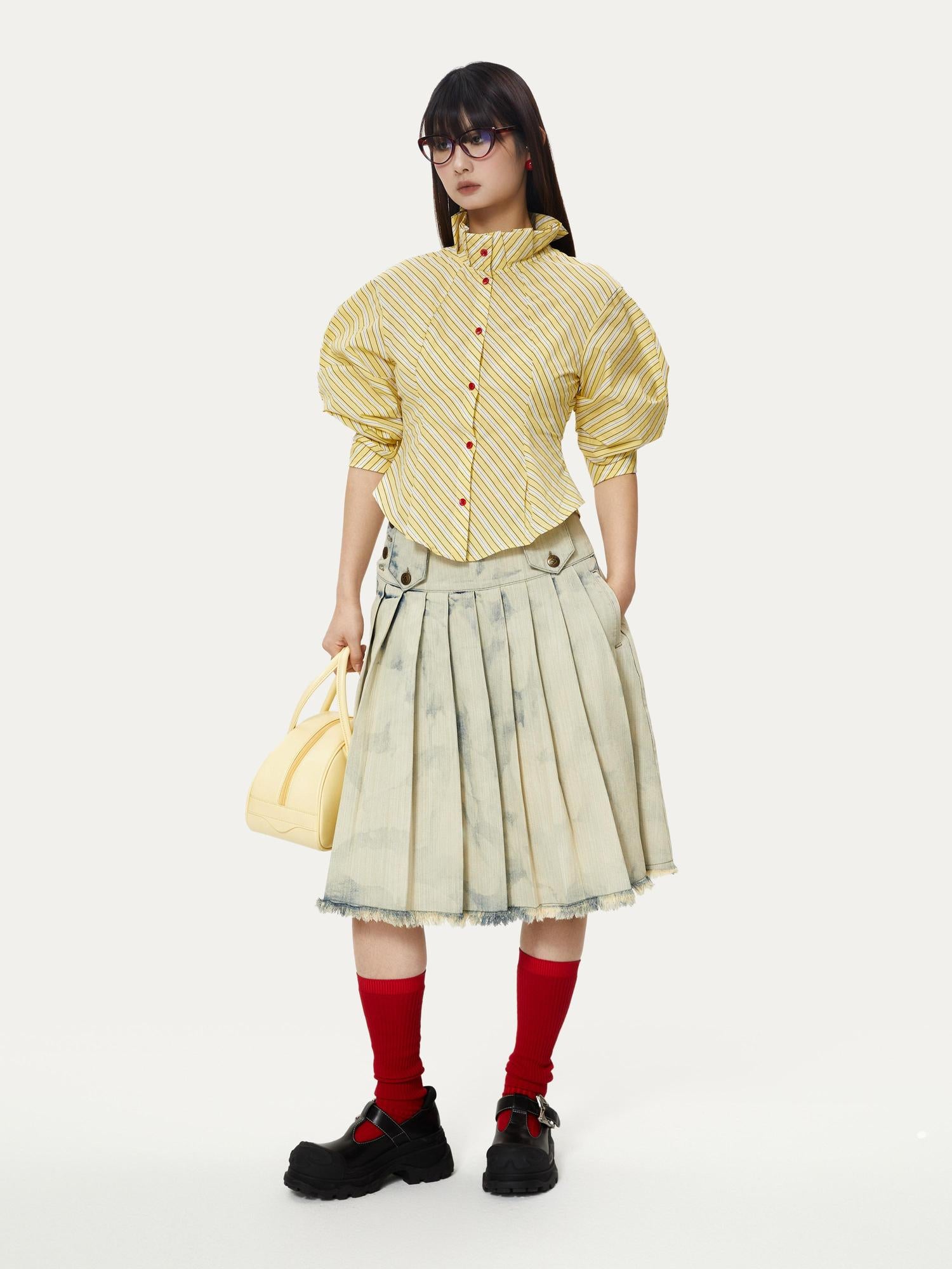 YOSHUYUKI Yellow Stripe Vintage Luff Puff Short Sleeve Shirt