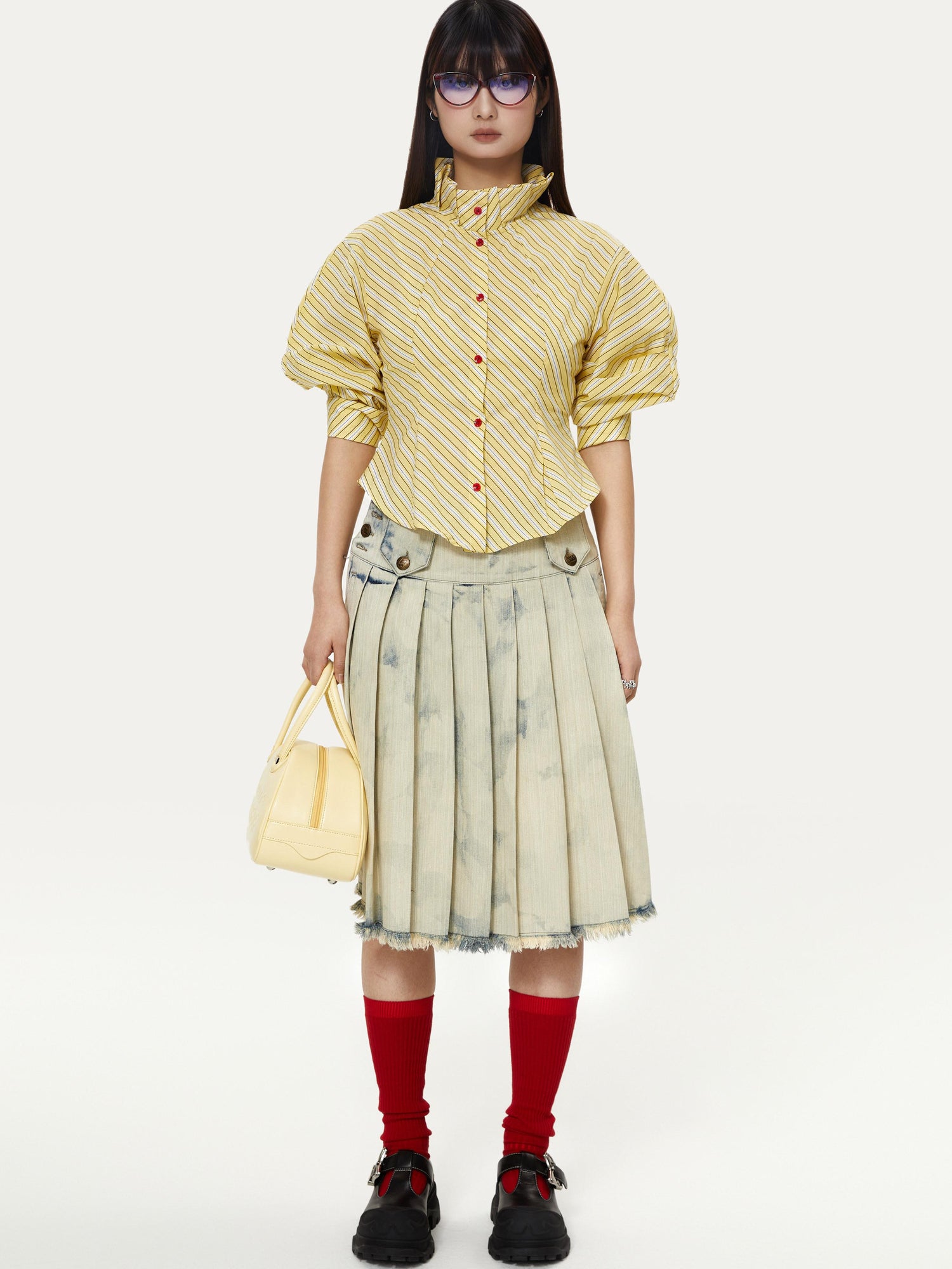 YOSHUYUKI Yellow Stripe Vintage Luff Puff Short Sleeve Shirt