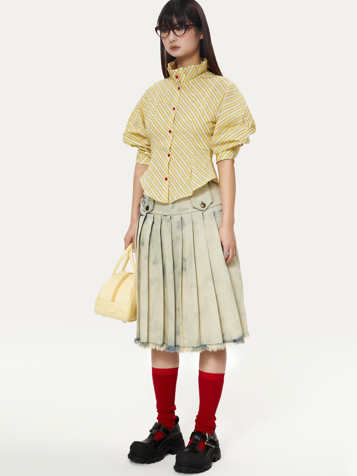 YOSHUYUKI Yellow Stripe Vintage Luff Puff Short Sleeve Shirt