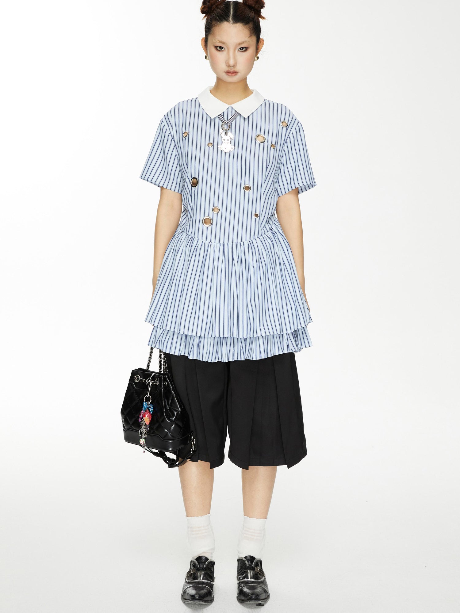 YOSHUYUKI Yoshu Yuki Striped Shirt Dress With Eyelet Punk Trim