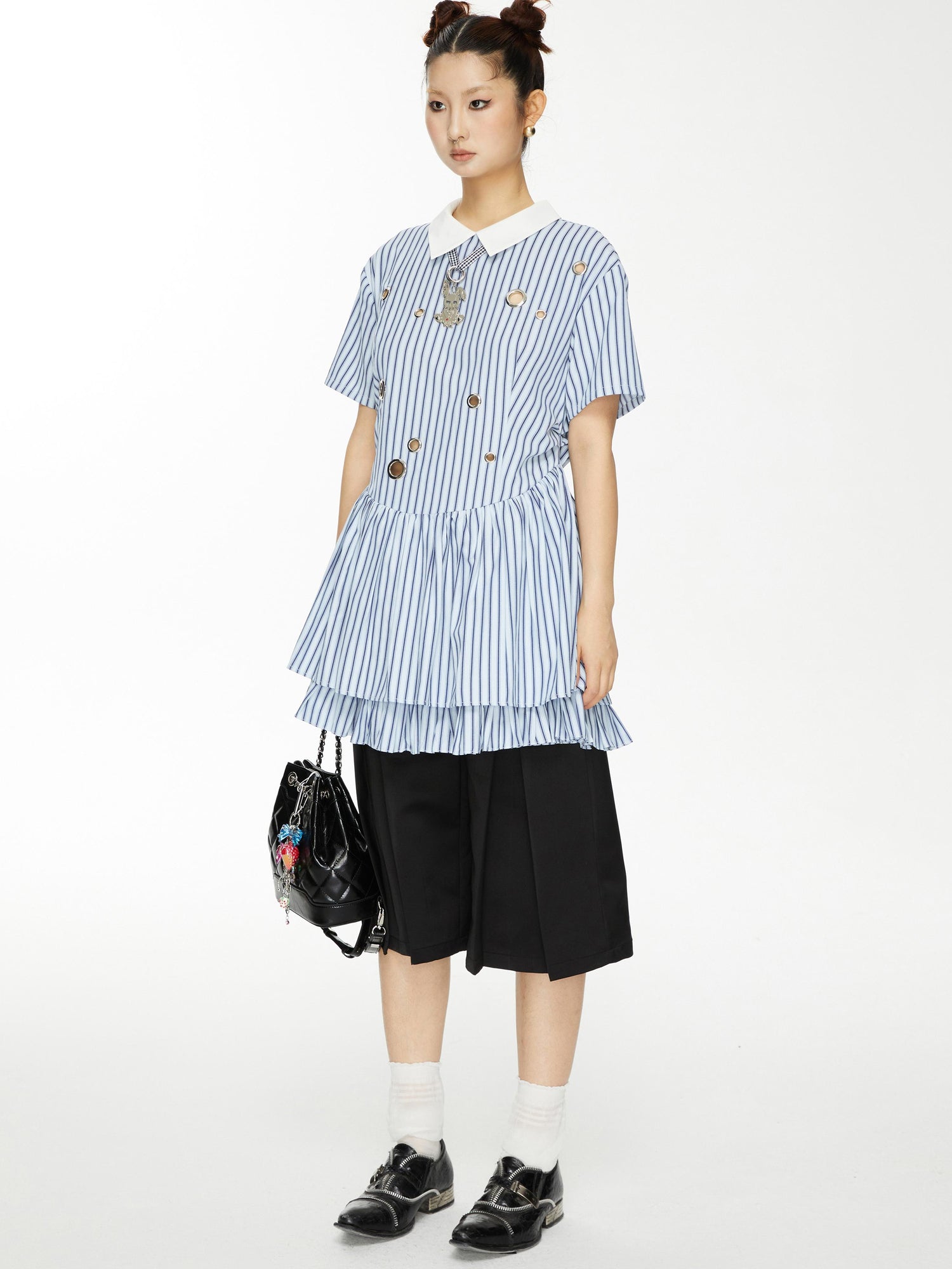 YOSHUYUKI Yoshu Yuki Striped Shirt Dress With Eyelet Punk Trim