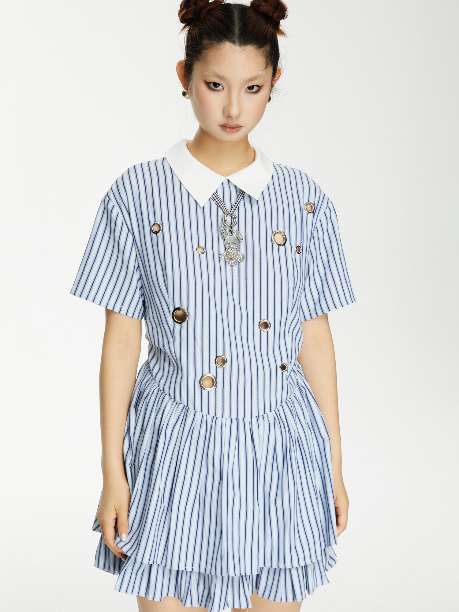 YOSHUYUKI Yoshu Yuki Striped Shirt Dress With Eyelet Punk Trim