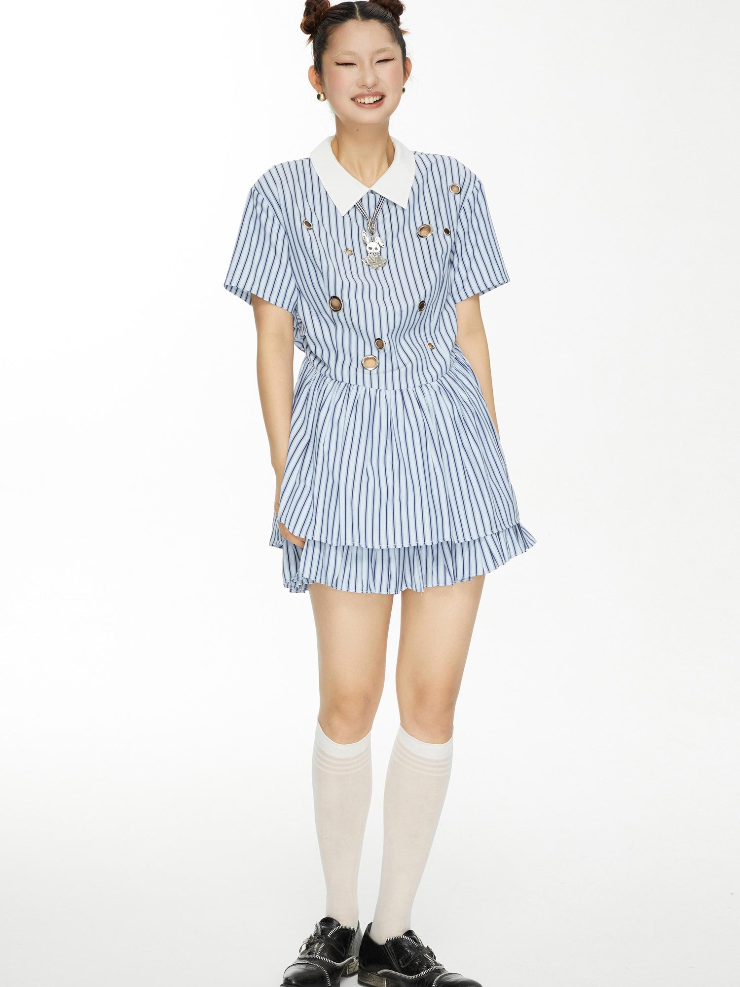 YOSHUYUKI Yoshu Yuki Striped Shirt Dress With Eyelet Punk Trim