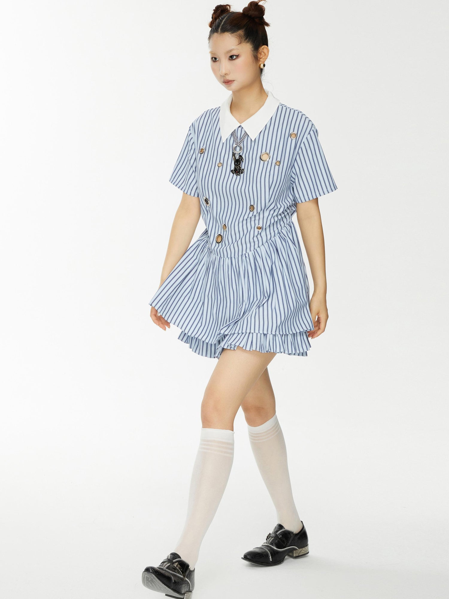 YOSHUYUKI Yoshu Yuki Striped Shirt Dress With Eyelet Punk Trim
