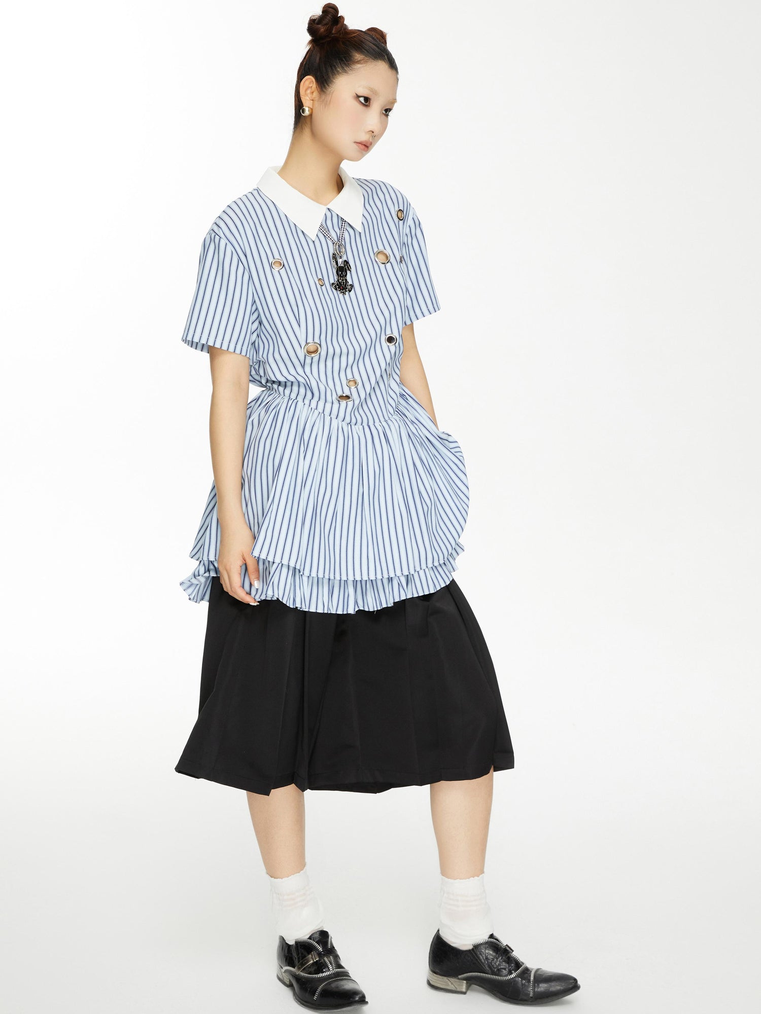 YOSHUYUKI Yoshu Yuki Striped Shirt Dress With Eyelet Punk Trim