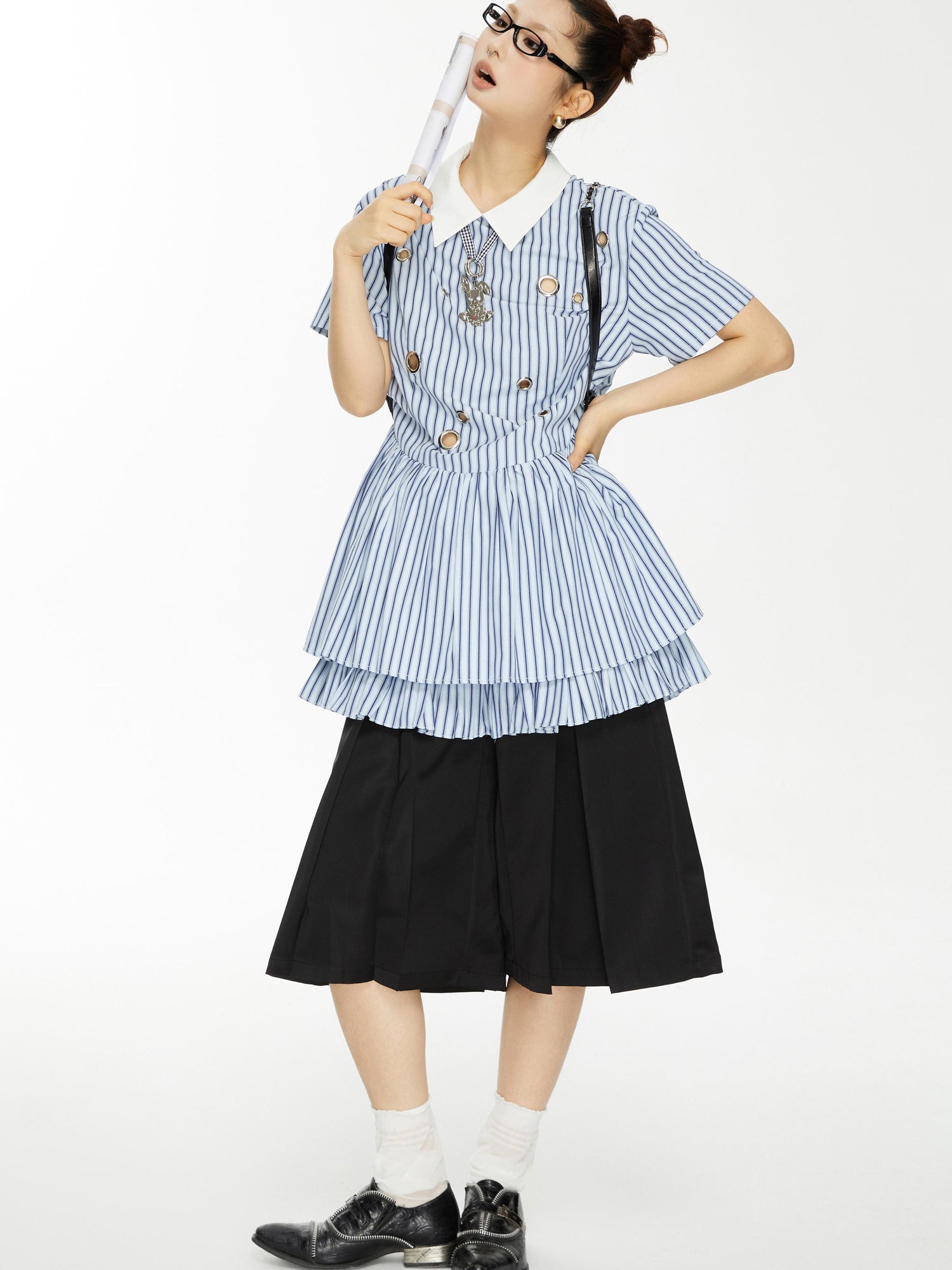 YOSHUYUKI Yoshu Yuki Striped Shirt Dress With Eyelet Punk Trim