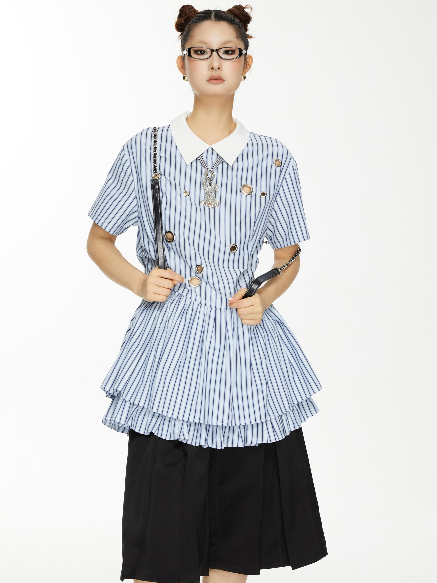 YOSHUYUKI Yoshu Yuki Striped Shirt Dress With Eyelet Punk Trim