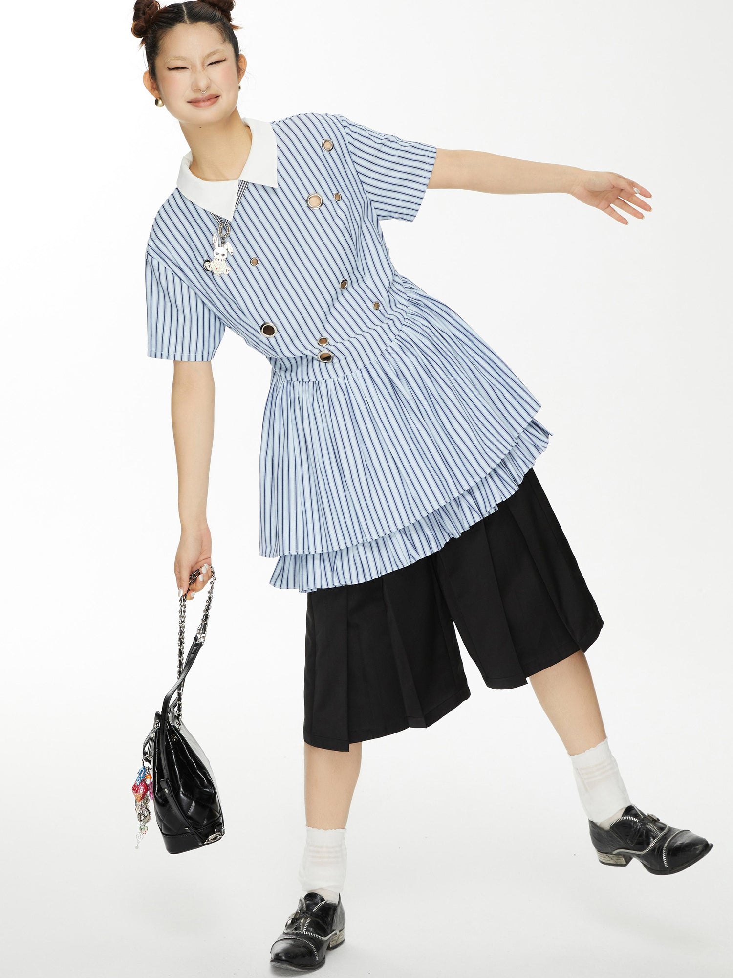 YOSHUYUKI Yoshu Yuki Striped Shirt Dress With Eyelet Punk Trim