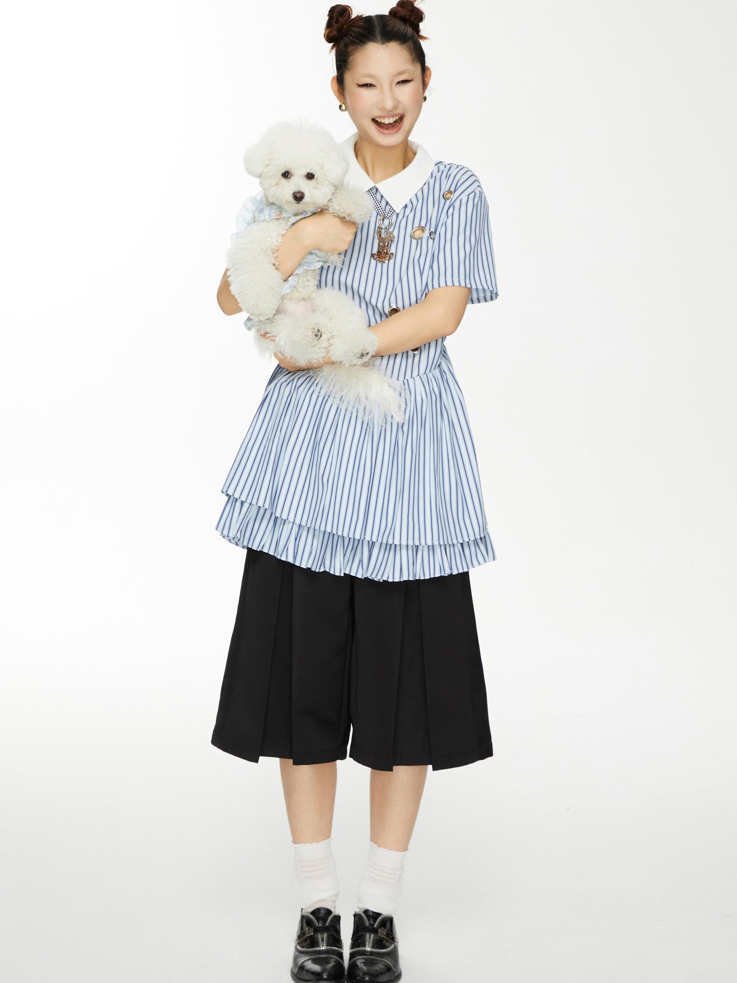 YOSHUYUKI Yoshu Yuki Striped Shirt Dress With Eyelet Punk Trim