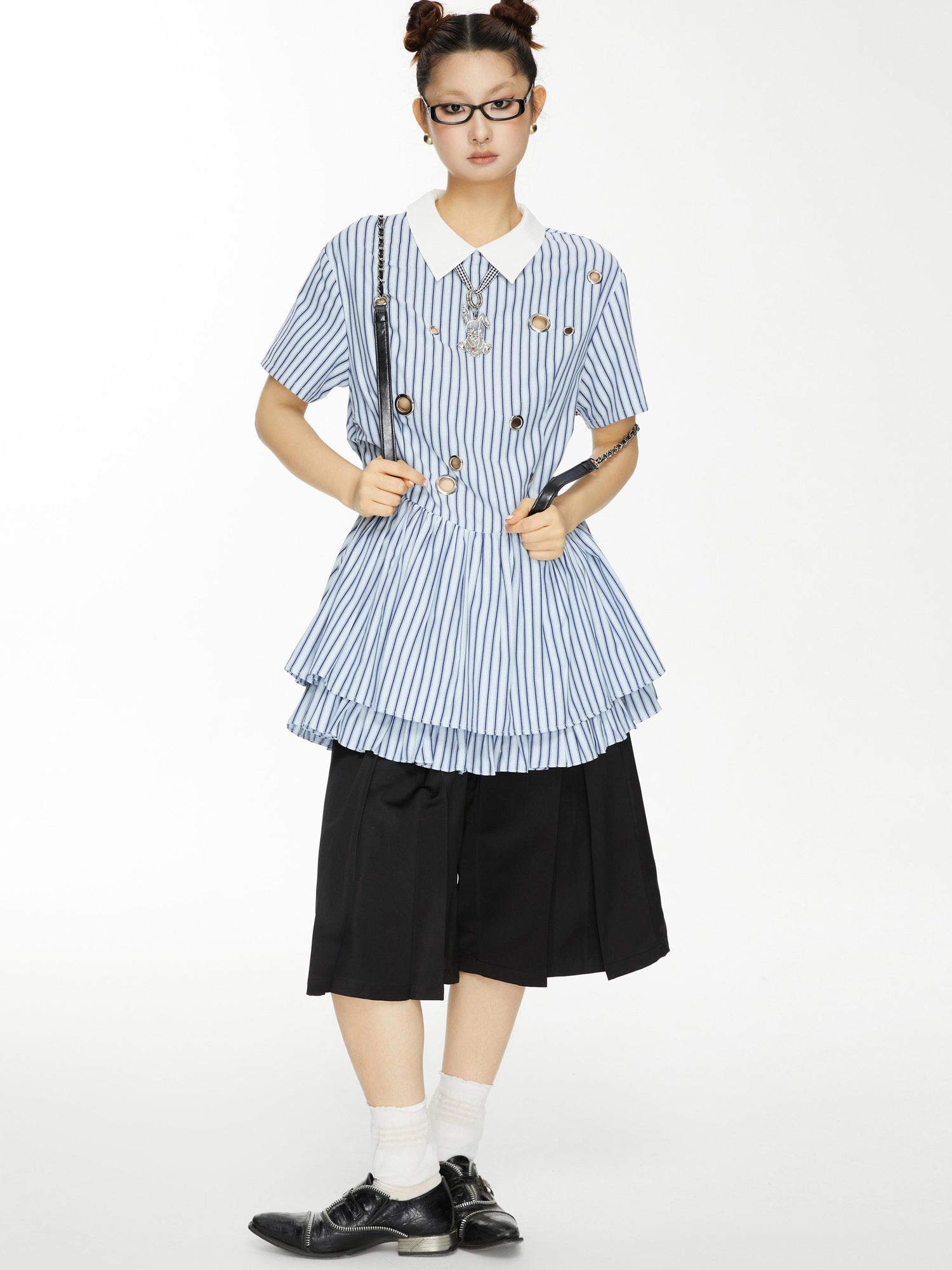 YOSHUYUKI Yoshu Yuki Striped Shirt Dress With Eyelet Punk Trim