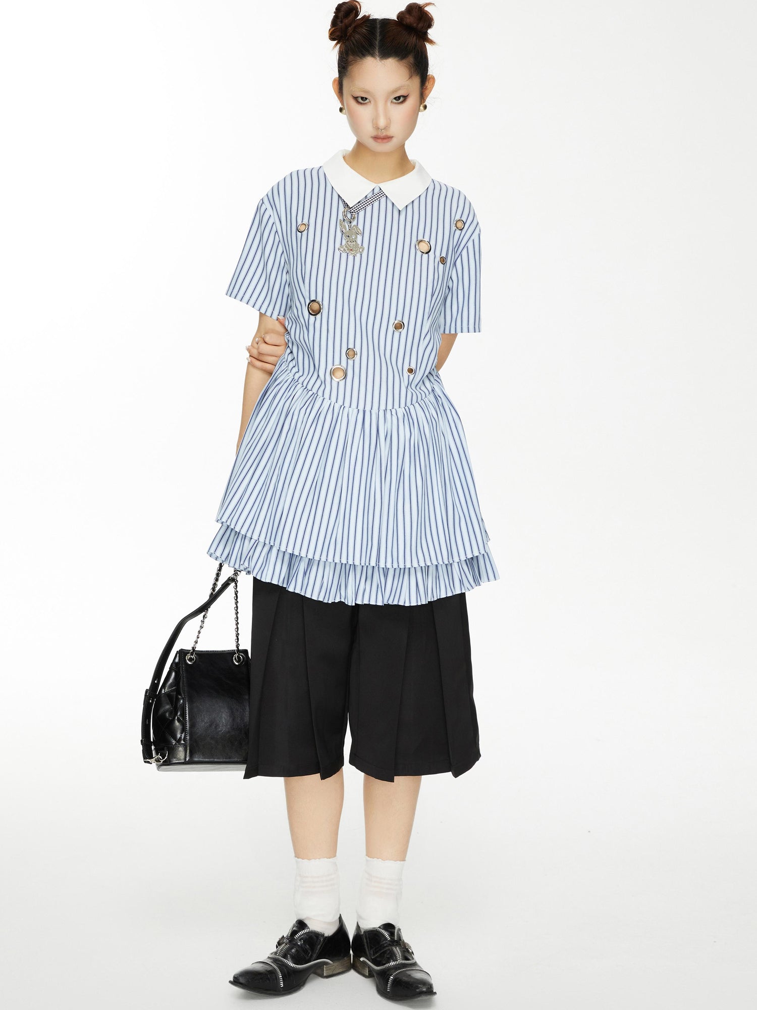 YOSHUYUKI Yoshu Yuki Striped Shirt Dress With Eyelet Punk Trim