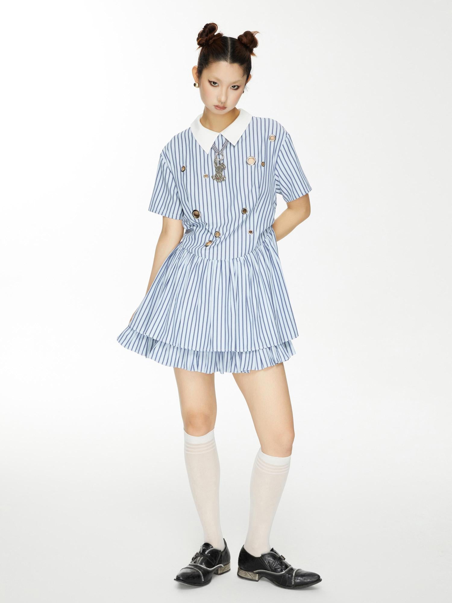 YOSHUYUKI Yoshu Yuki Striped Shirt Dress With Eyelet Punk Trim
