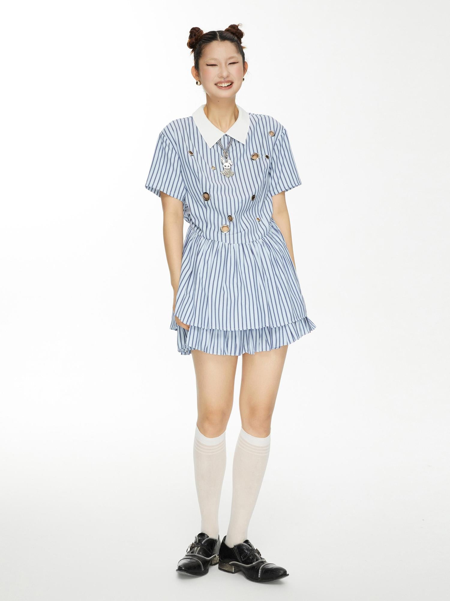 YOSHUYUKI Yoshu Yuki Striped Shirt Dress With Eyelet Punk Trim