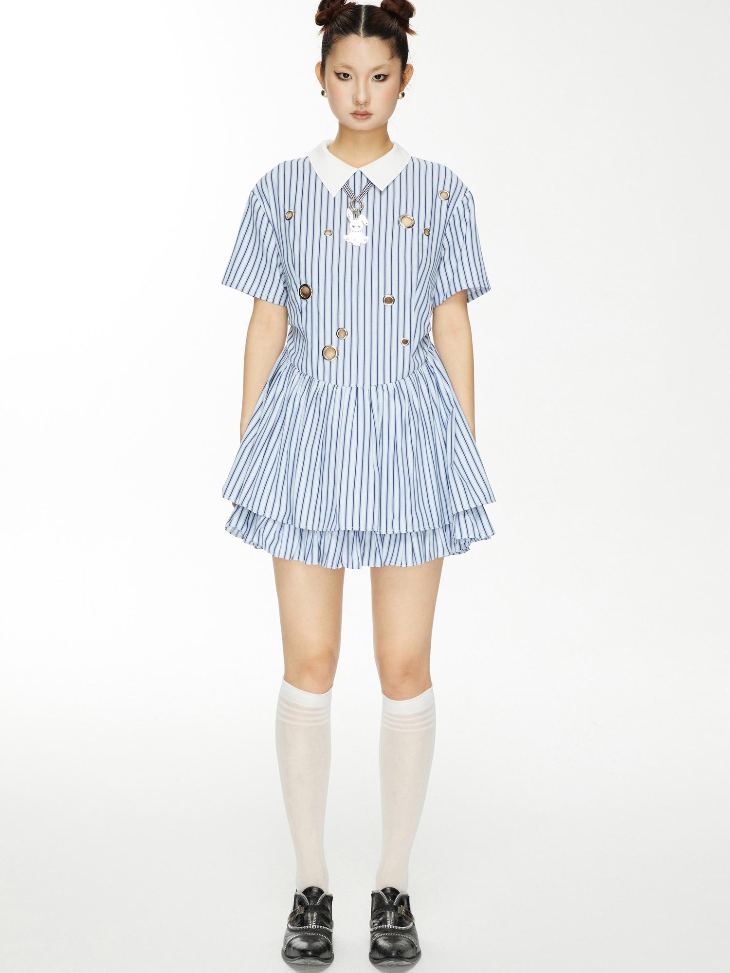 YOSHUYUKI Yoshu Yuki Striped Shirt Dress With Eyelet Punk Trim
