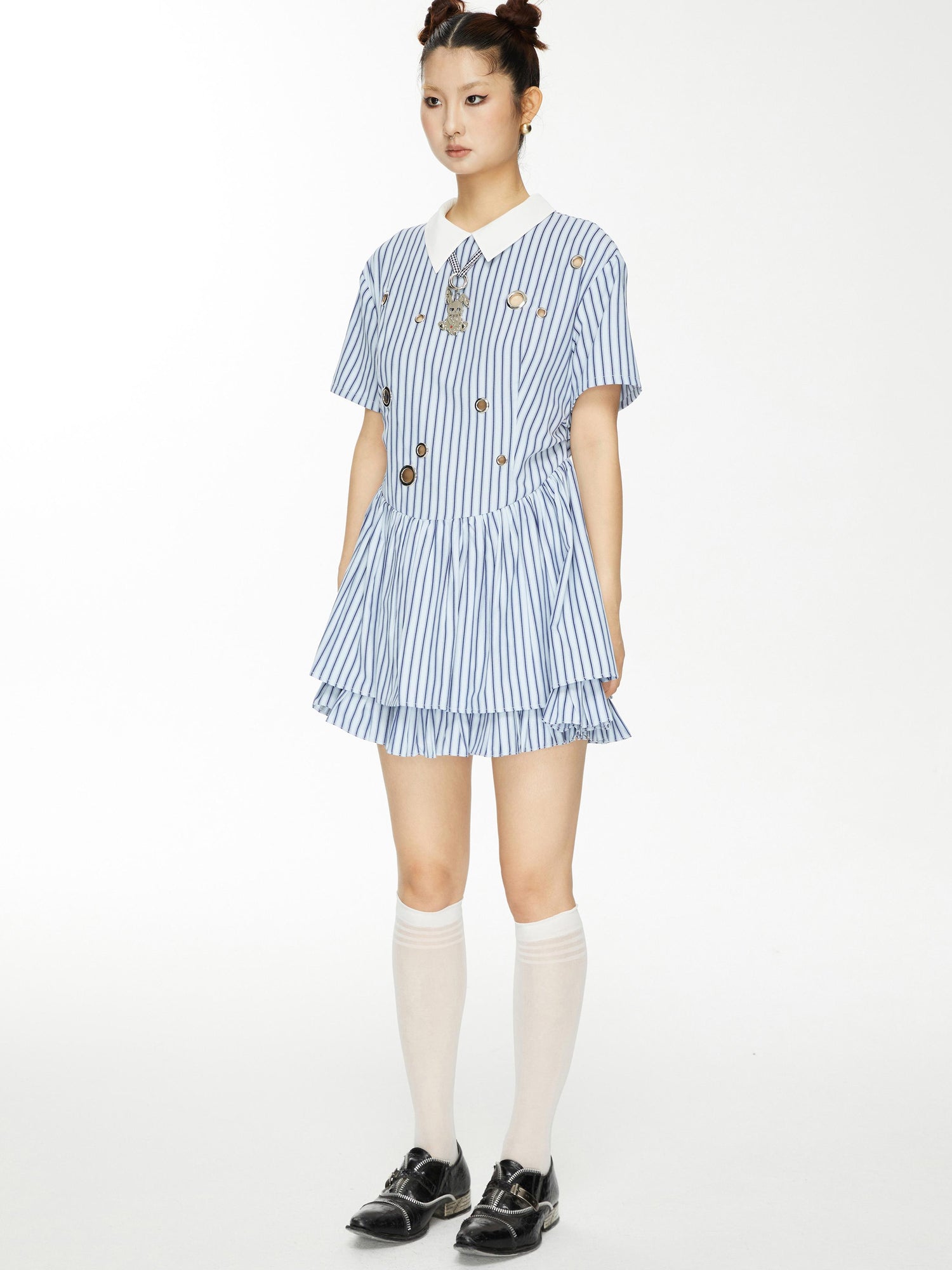 YOSHUYUKI Yoshu Yuki Striped Shirt Dress With Eyelet Punk Trim