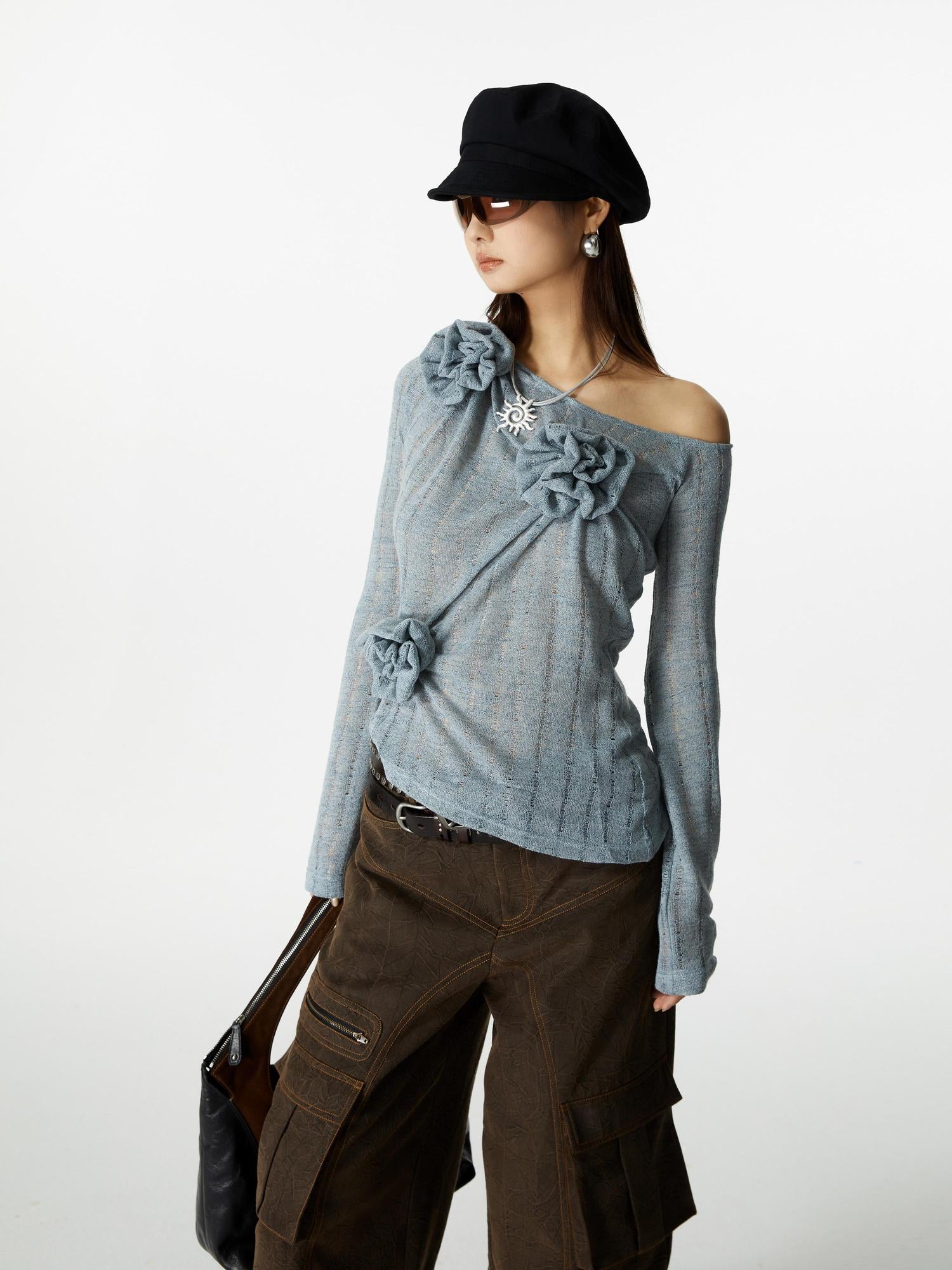 YOSHUYUKI Yoshuyuki 3D Floral Embroidered Relaxed Knit Shirt