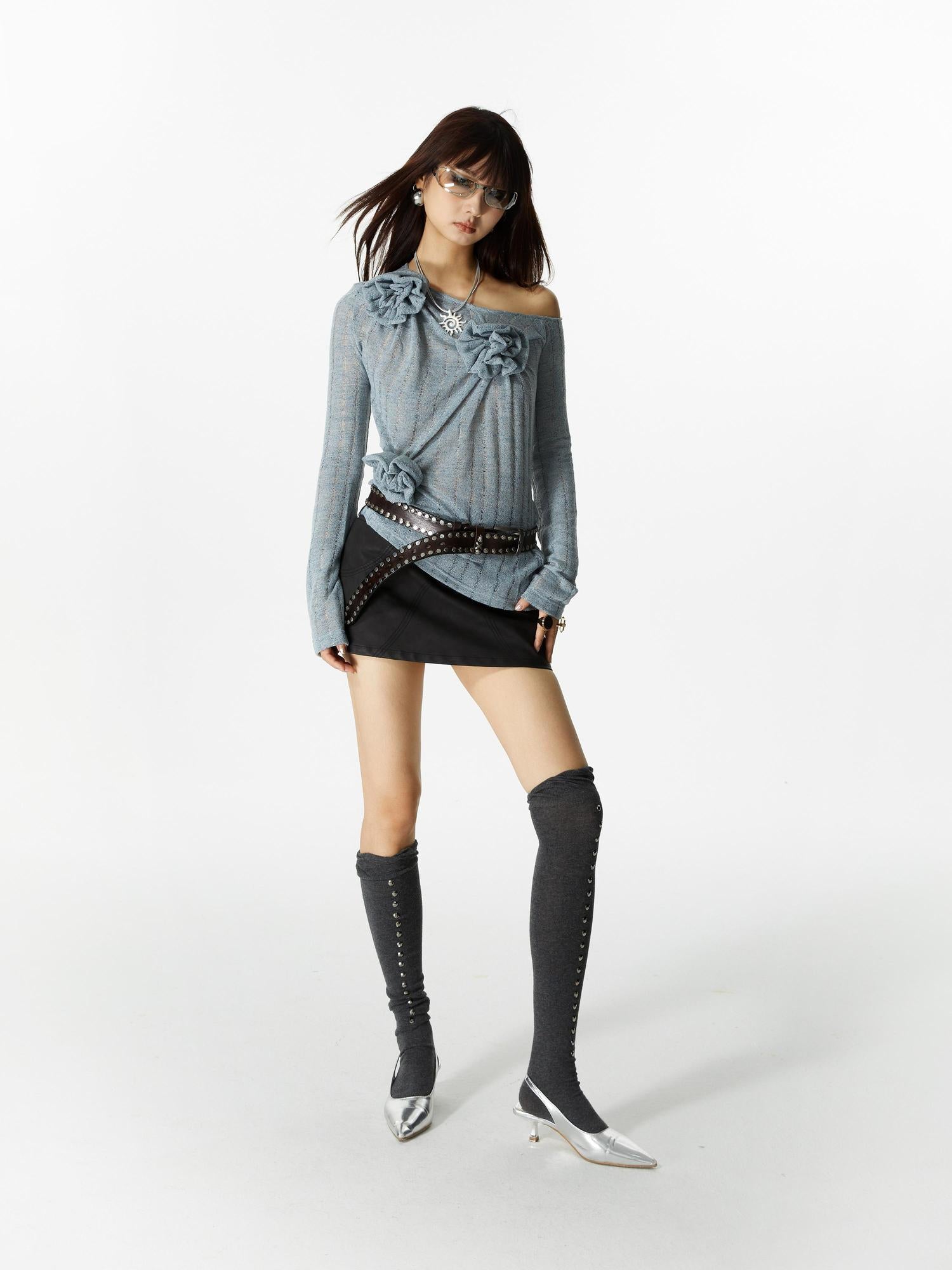 YOSHUYUKI Yoshuyuki 3D Floral Embroidered Relaxed Knit Shirt