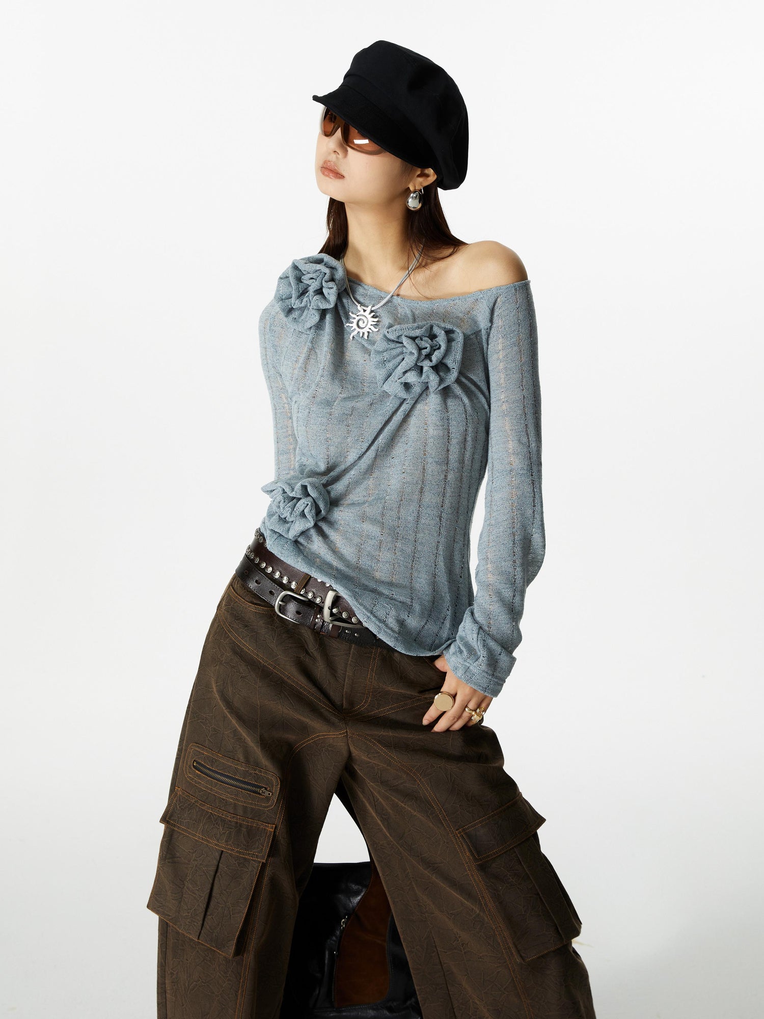 YOSHUYUKI Yoshuyuki 3D Floral Embroidered Relaxed Knit Shirt
