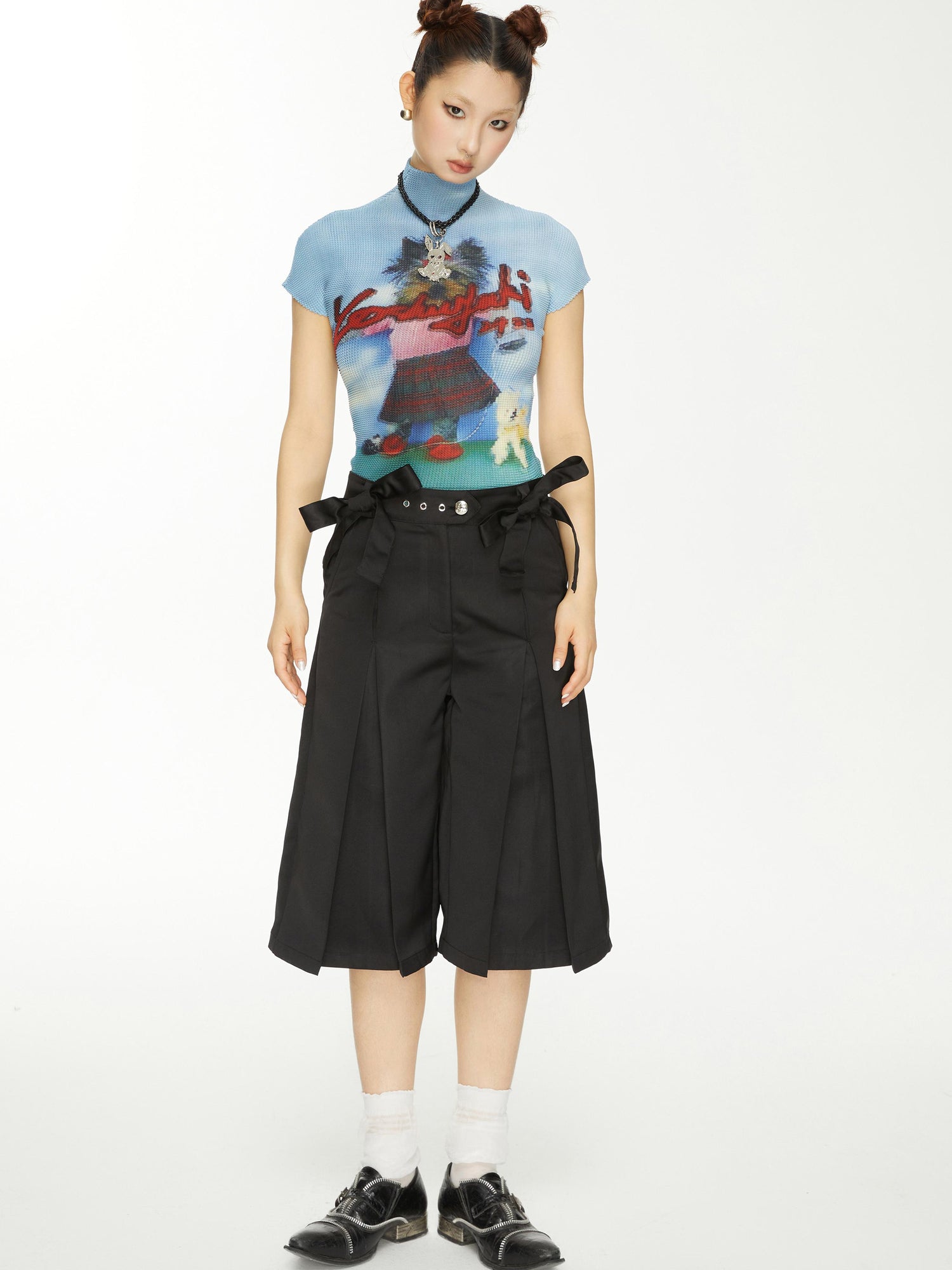 YOSHUYUKI Yoshuyuki Bow Trim Wide Leg Trousers In Black Satin