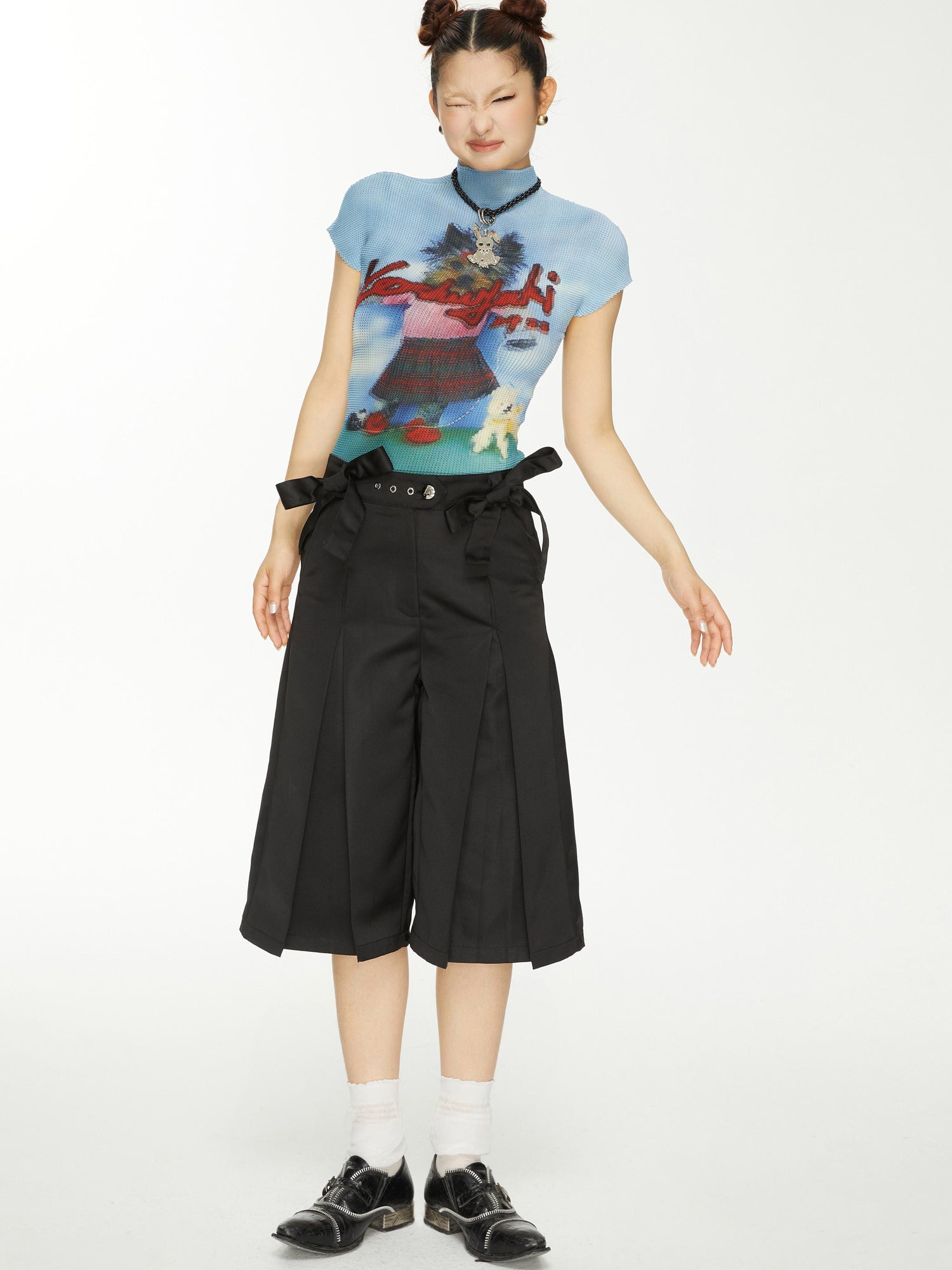 YOSHUYUKI Yoshuyuki Bow Trim Wide Leg Trousers In Black Satin