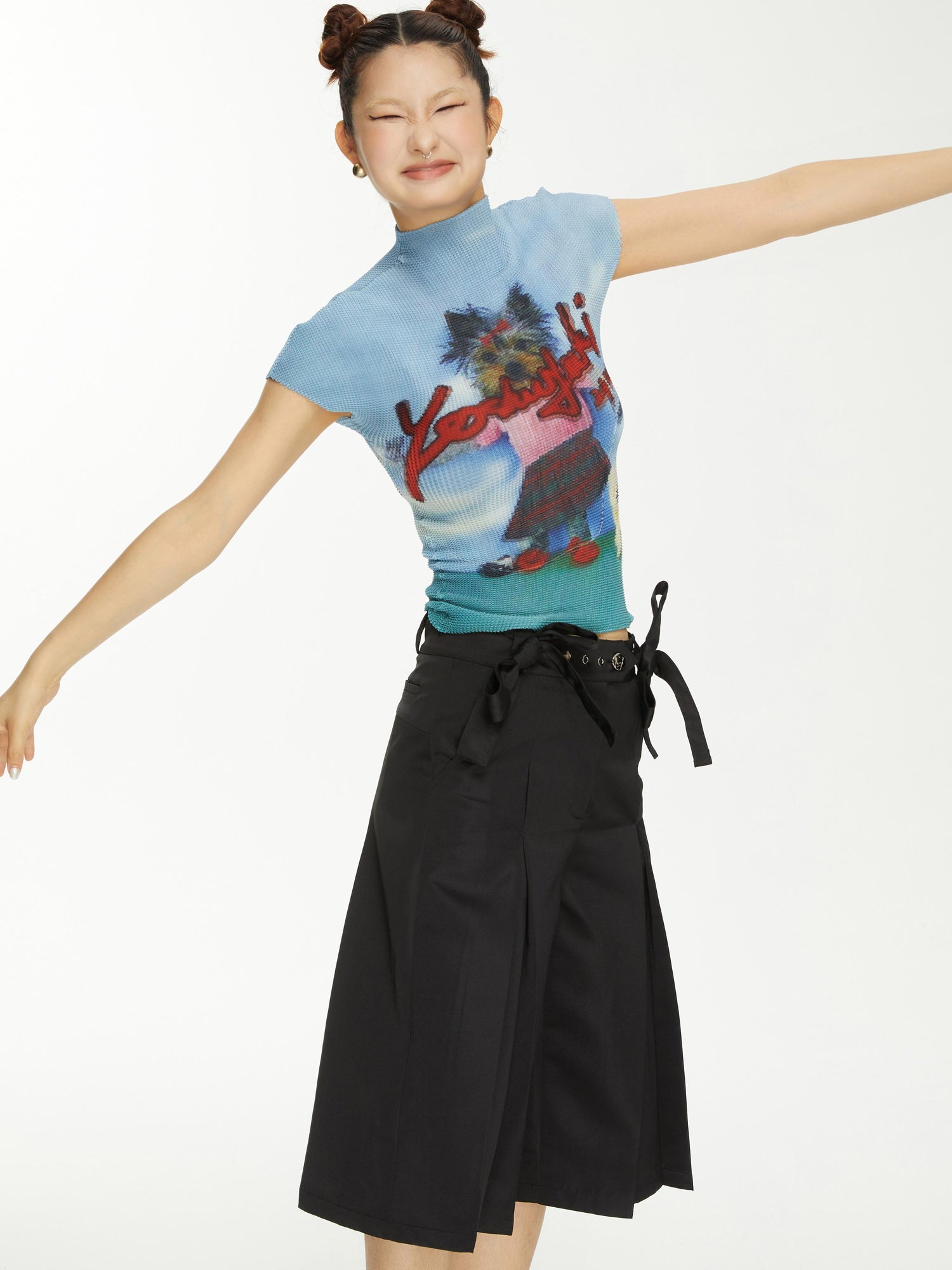 YOSHUYUKI Yoshuyuki Bow Trim Wide Leg Trousers In Black Satin