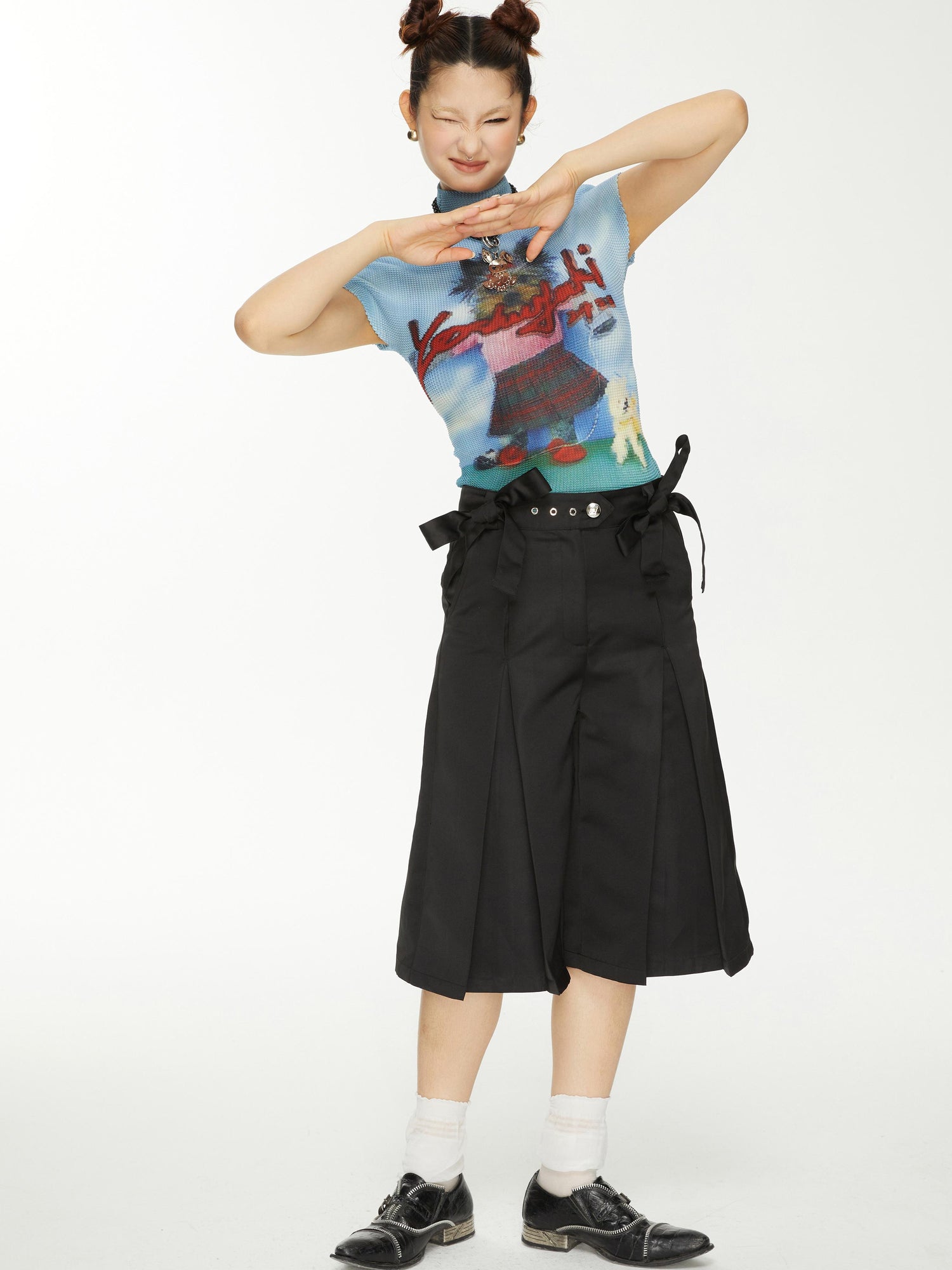 YOSHUYUKI Yoshuyuki Bow Trim Wide Leg Trousers In Black Satin