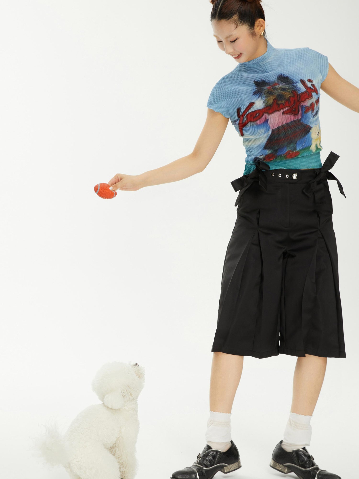 YOSHUYUKI Yoshuyuki Bow Trim Wide Leg Trousers In Black Satin