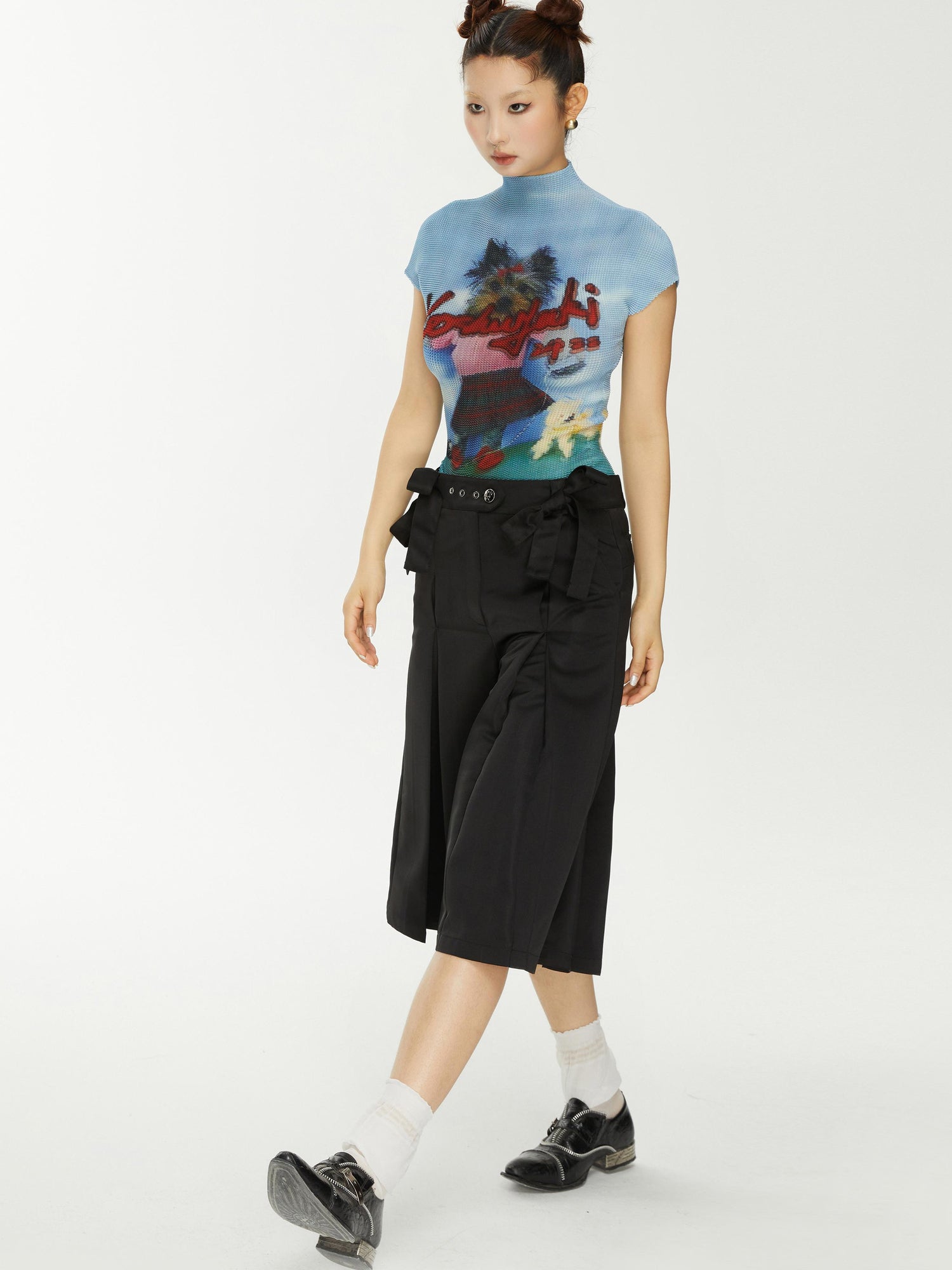 YOSHUYUKI Yoshuyuki Bow Trim Wide Leg Trousers In Black Satin