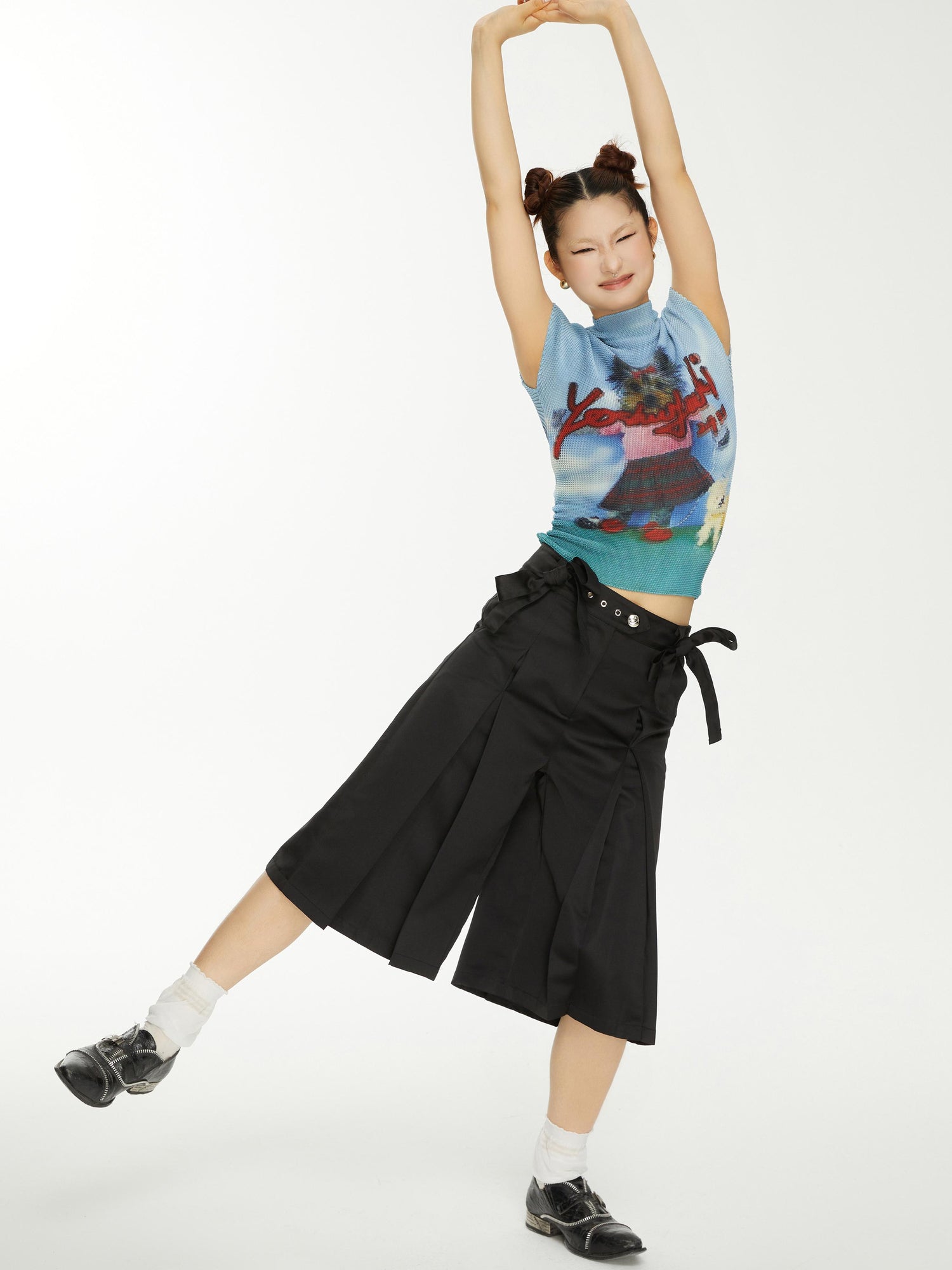 YOSHUYUKI Yoshuyuki Bow Trim Wide Leg Trousers In Black Satin