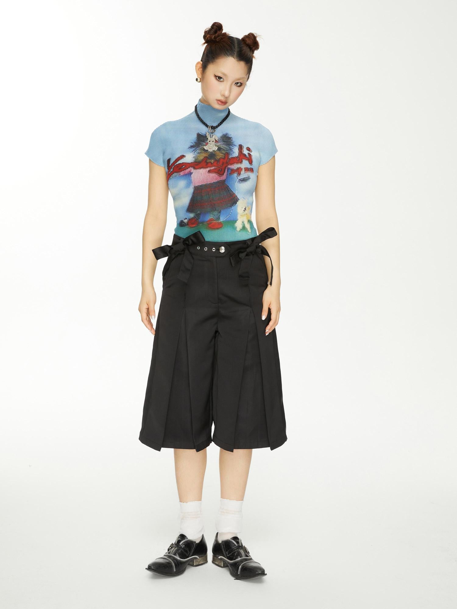 YOSHUYUKI Yoshuyuki Bow Trim Wide Leg Trousers In Black Satin