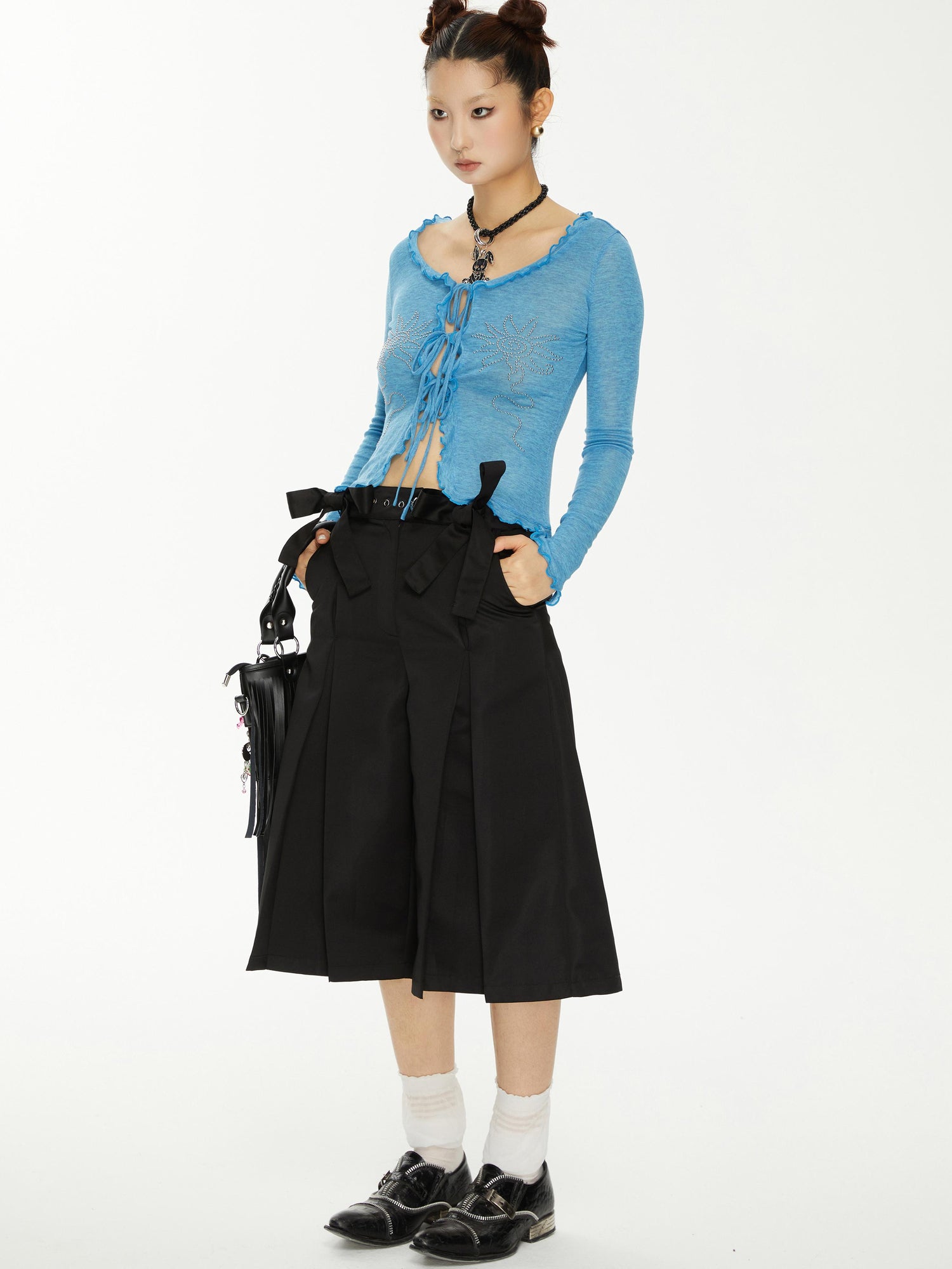 YOSHUYUKI Yoshuyuki Bow Trim Wide Leg Trousers In Black Satin