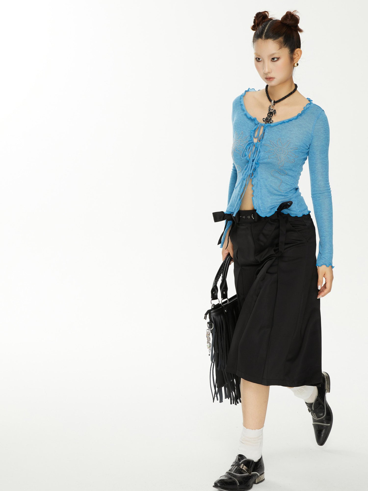 YOSHUYUKI Yoshuyuki Bow Trim Wide Leg Trousers In Black Satin