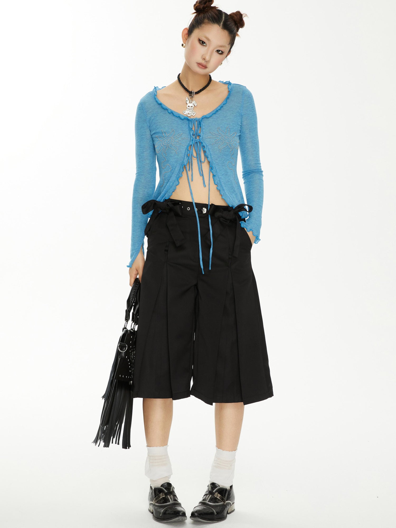 YOSHUYUKI Yoshuyuki Bow Trim Wide Leg Trousers In Black Satin