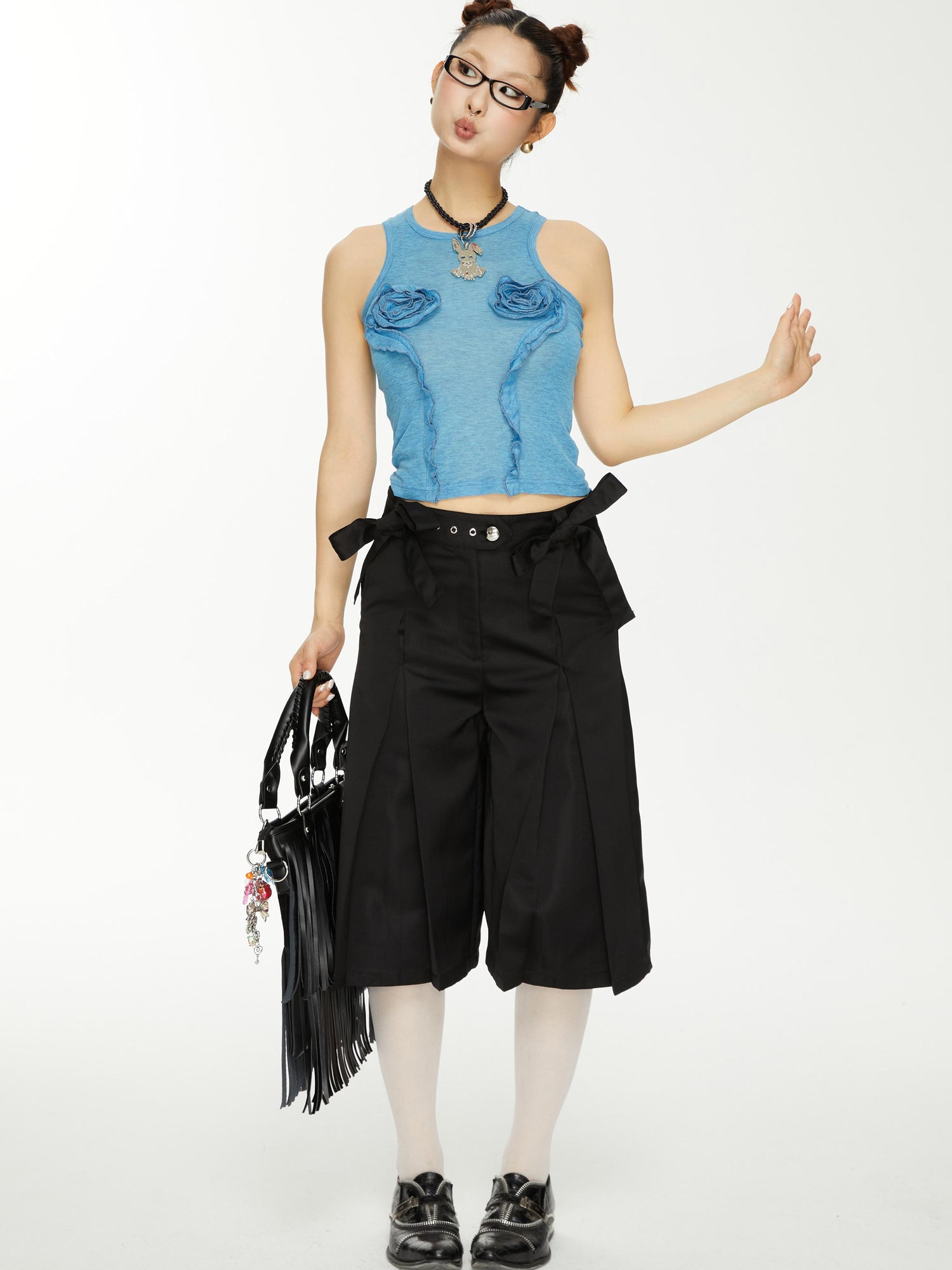 YOSHUYUKI Yoshuyuki Bow Trim Wide Leg Trousers In Black Satin