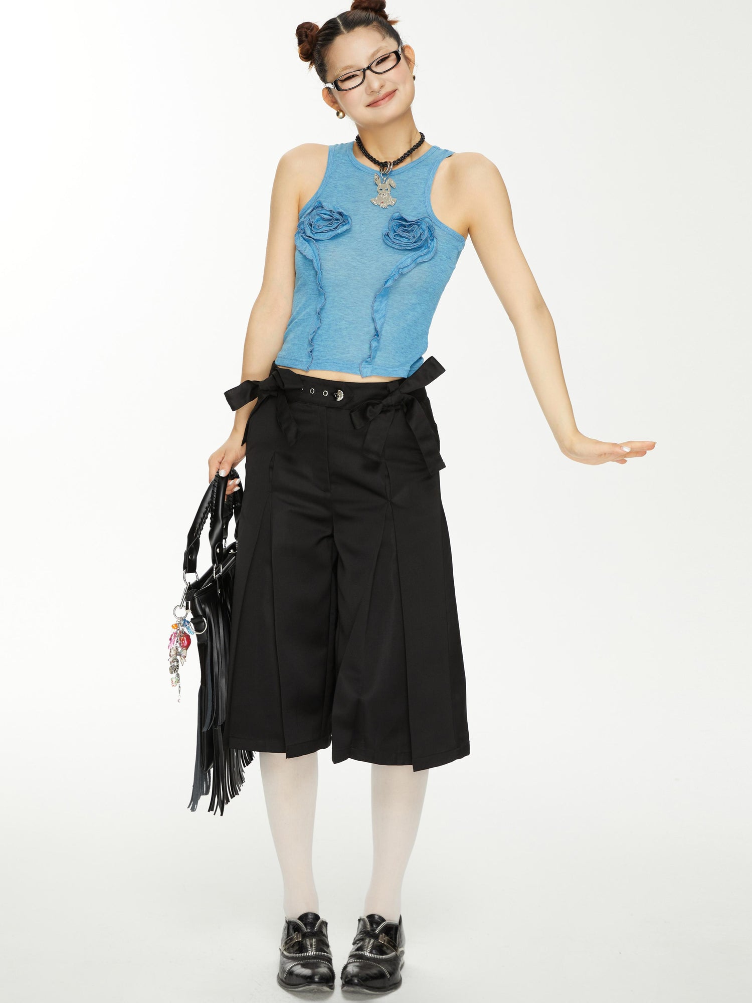 YOSHUYUKI Yoshuyuki Bow Trim Wide Leg Trousers In Black Satin