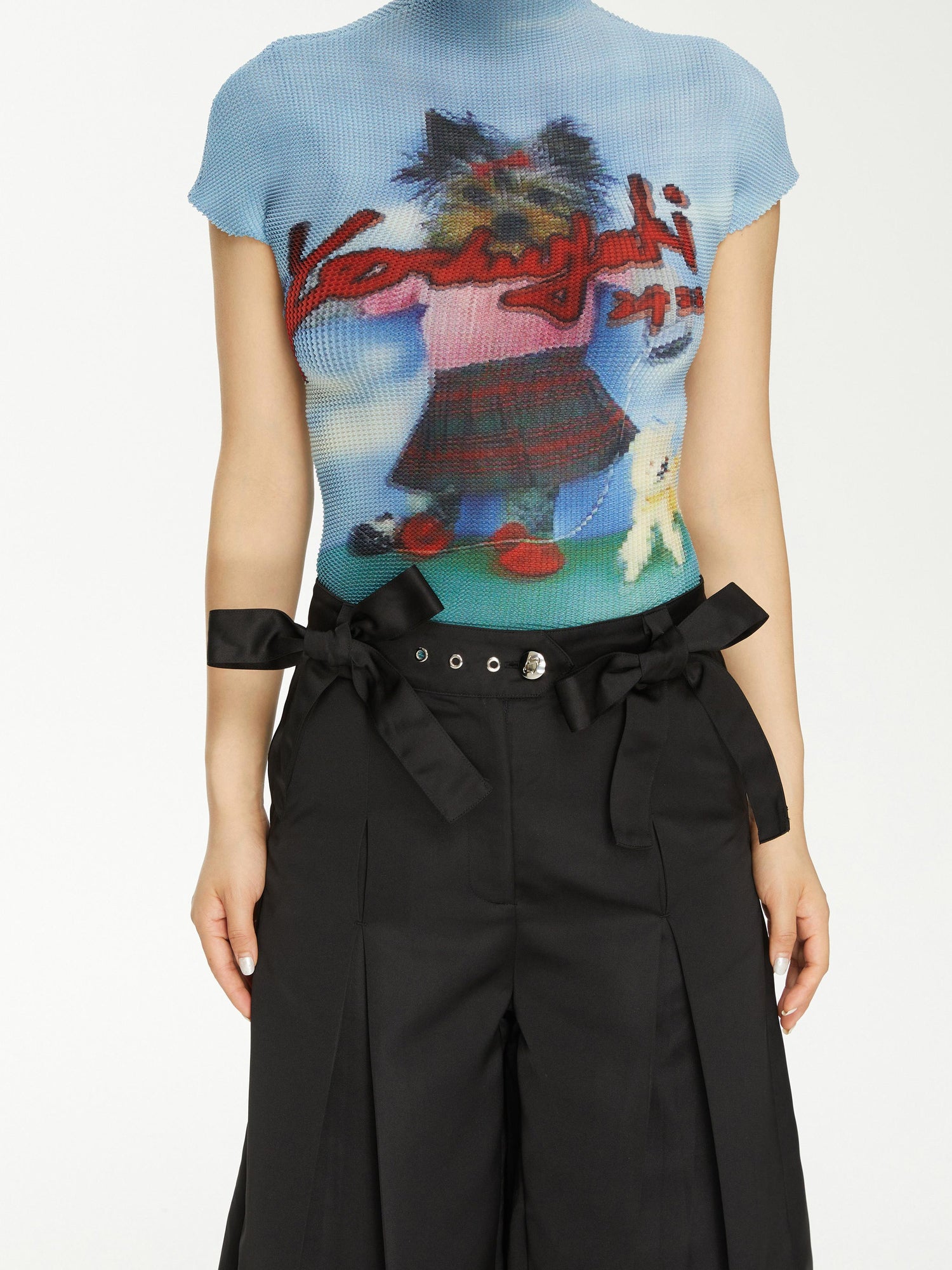 YOSHUYUKI Yoshuyuki Bow Trim Wide Leg Trousers In Black Satin