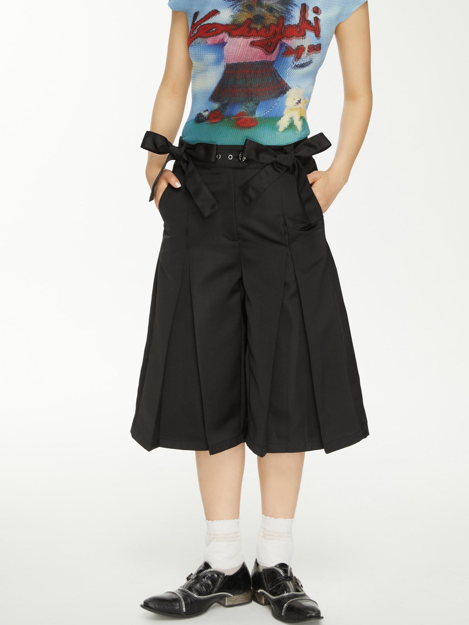 YOSHUYUKI Yoshuyuki Bow Trim Wide Leg Trousers In Black Satin