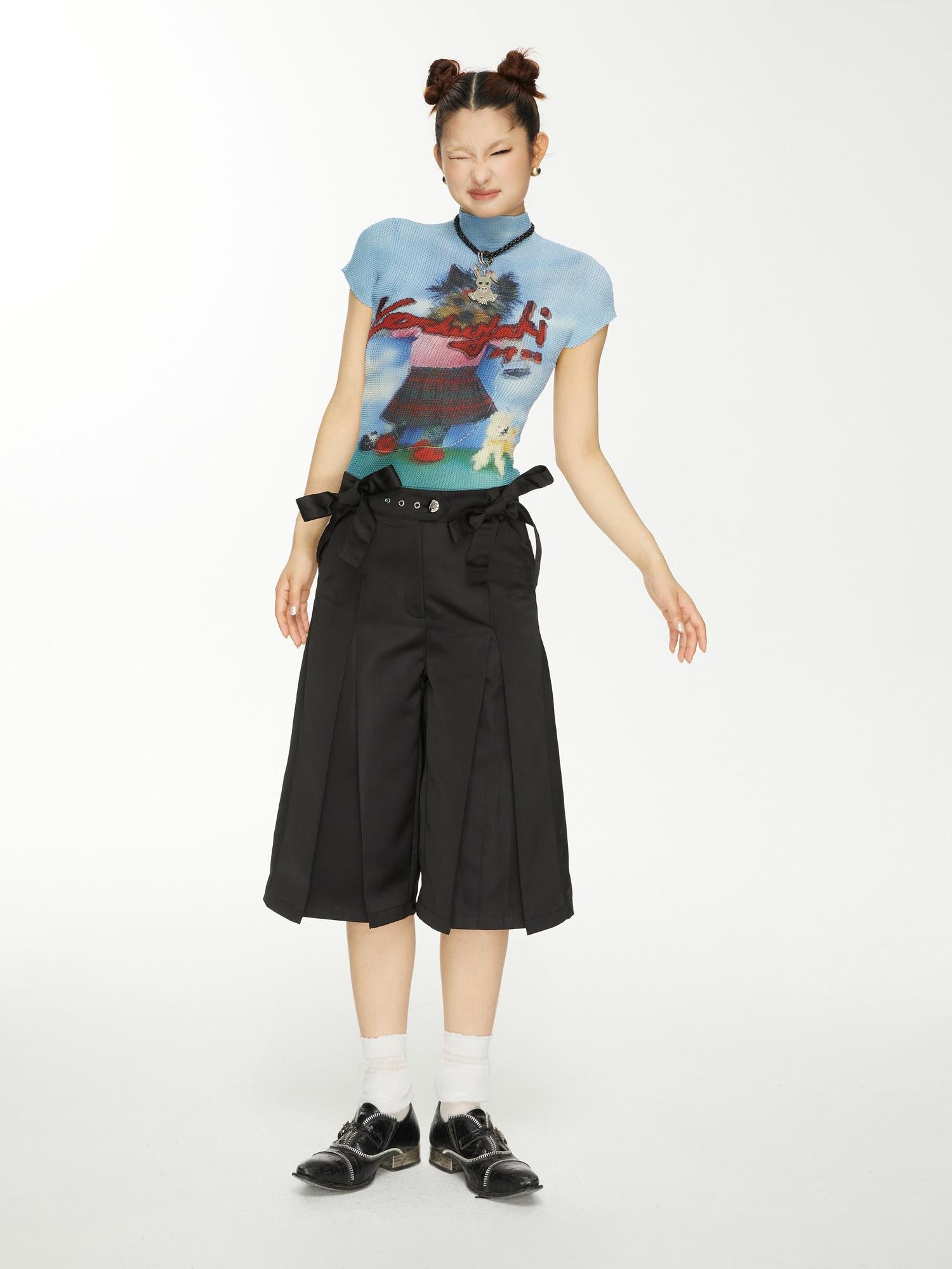 YOSHUYUKI Yoshuyuki Bow Trim Wide Leg Trousers In Black Satin