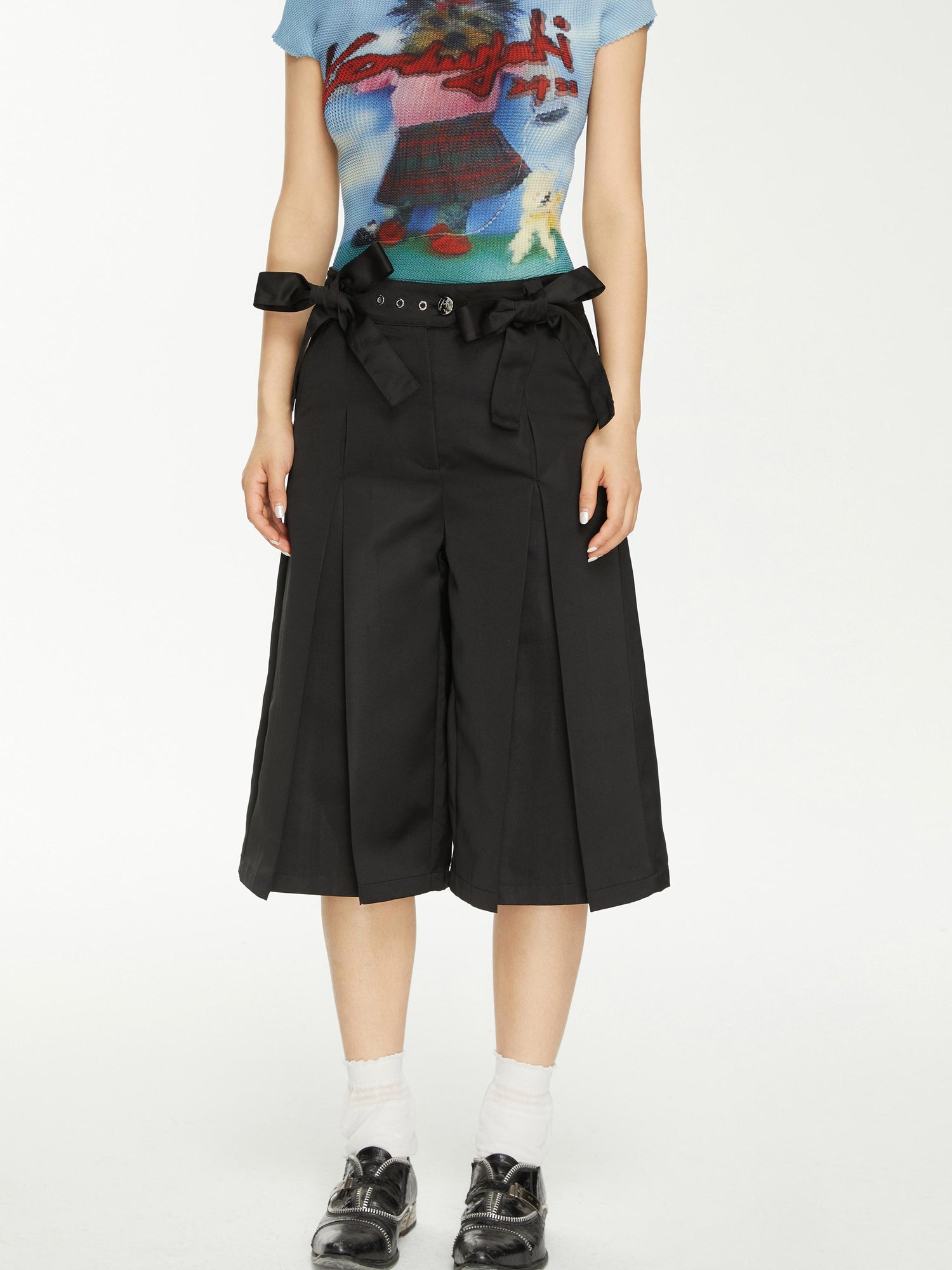 YOSHUYUKI Yoshuyuki Bow Trim Wide Leg Trousers In Black Satin