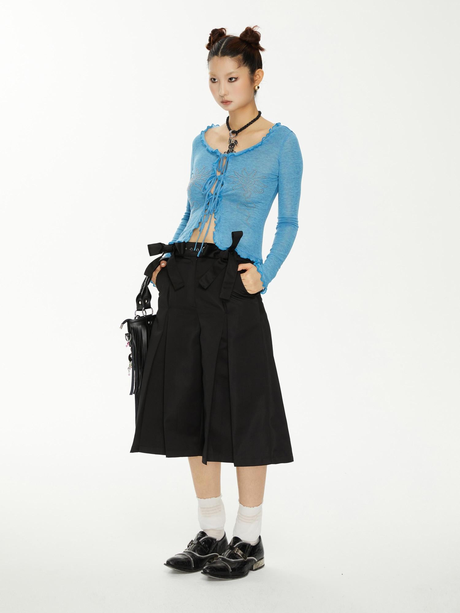YOSHUYUKI Yoshuyuki Bow Trim Wide Leg Trousers In Black Satin