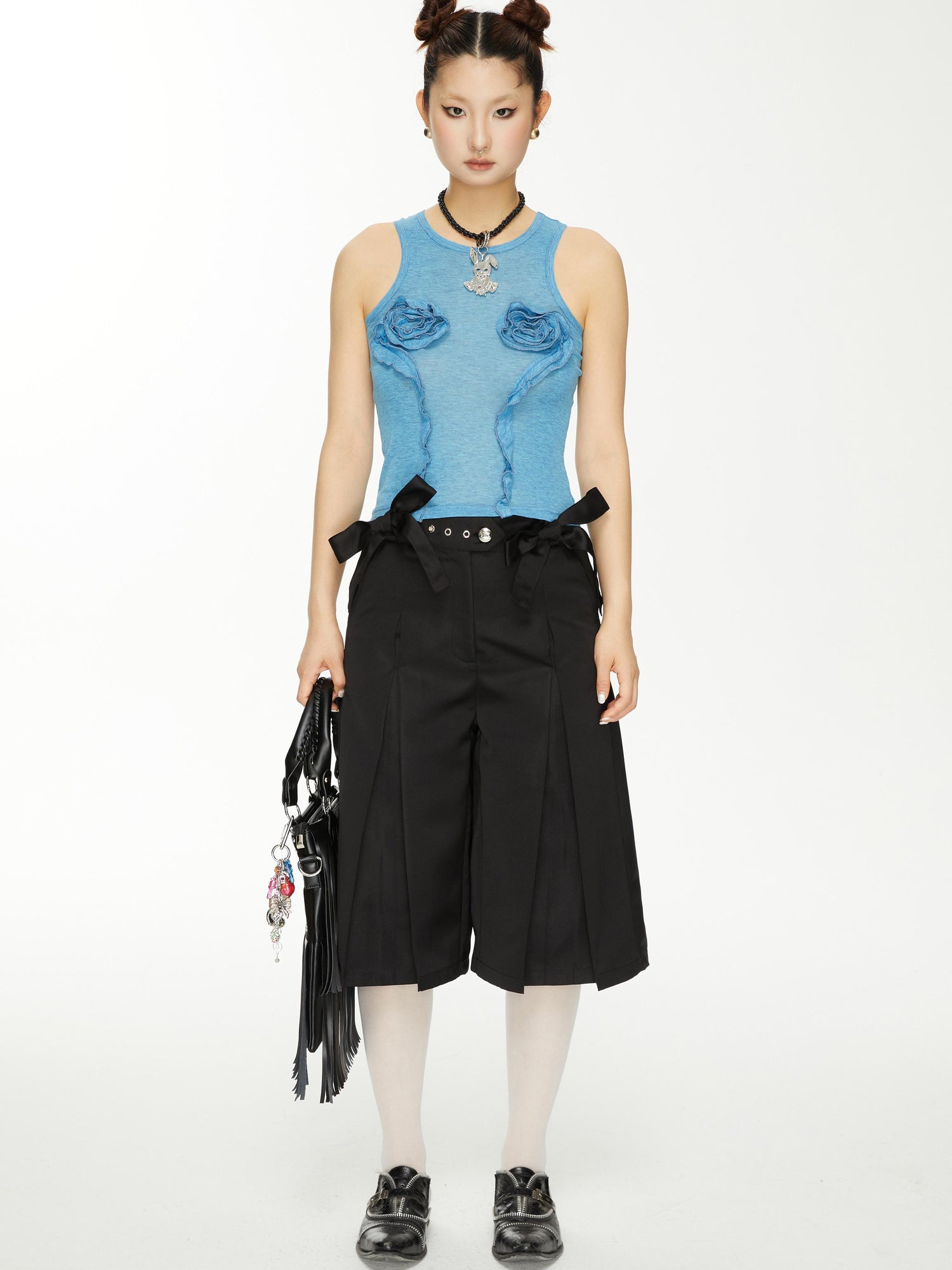 YOSHUYUKI Yoshuyuki Bow Trim Wide Leg Trousers In Black Satin