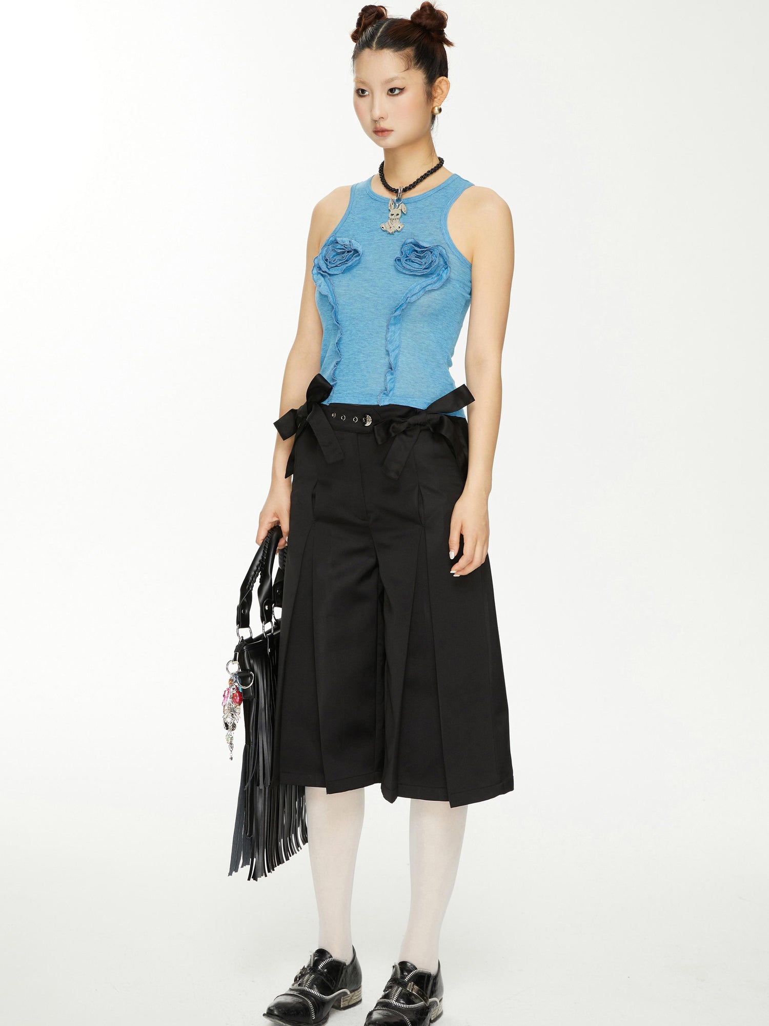 YOSHUYUKI Yoshuyuki Bow Trim Wide Leg Trousers In Black Satin