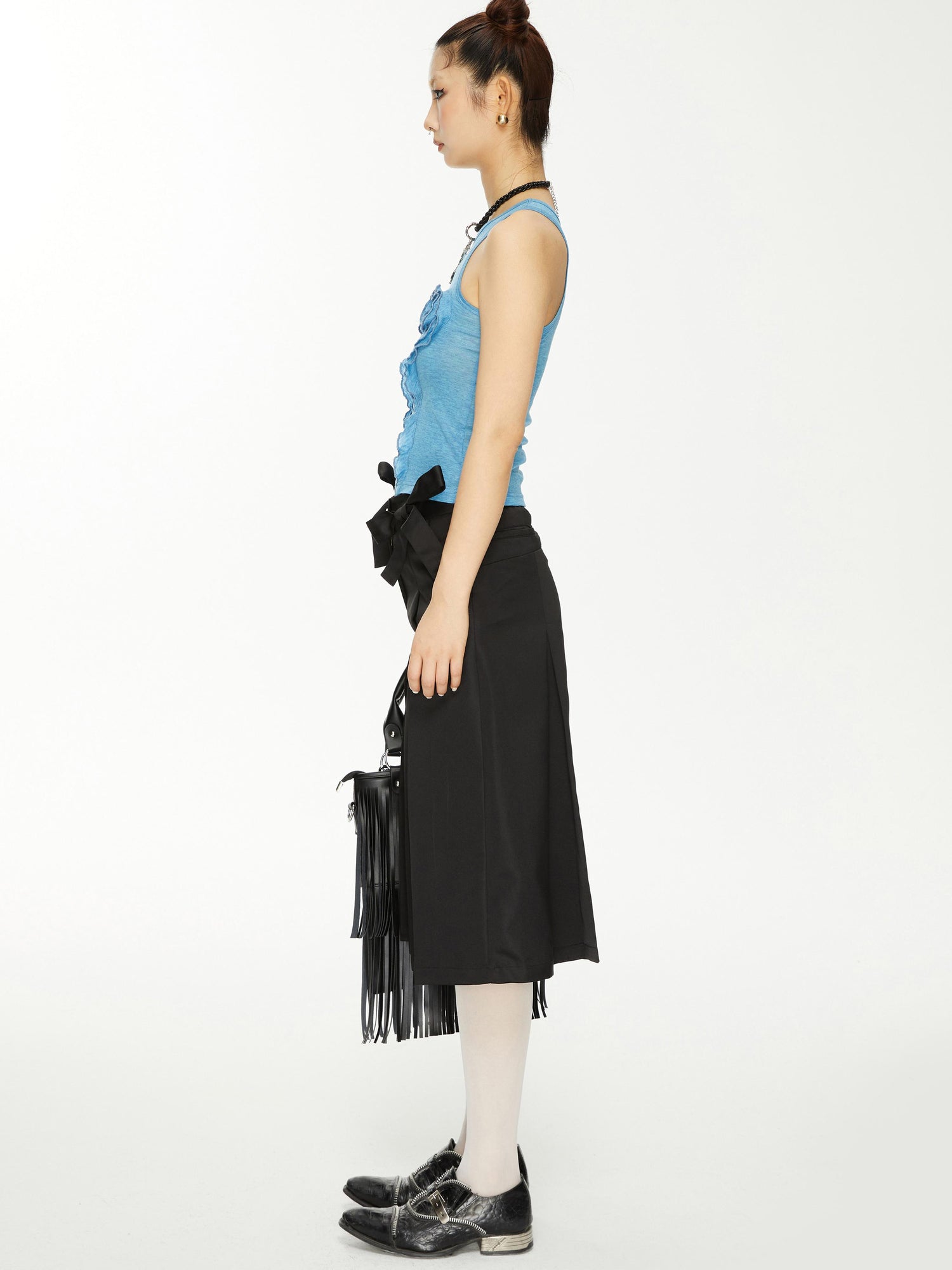YOSHUYUKI Yoshuyuki Bow Trim Wide Leg Trousers In Black Satin