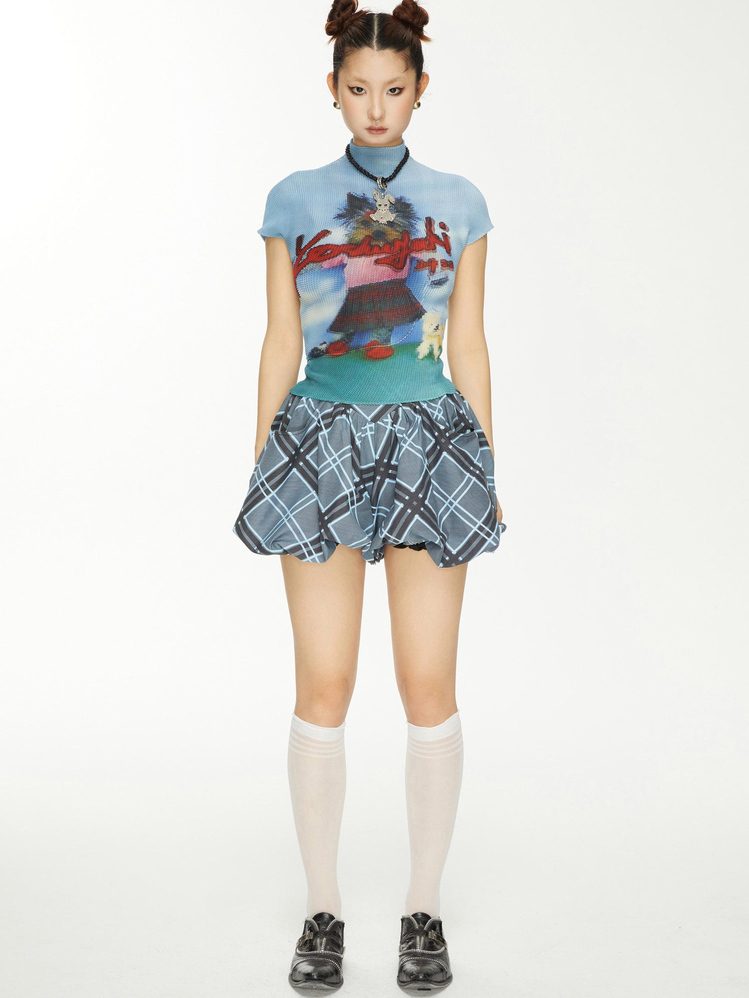 YOSHUYUKI Yoshuyuki Dancing Dog Print Stretch Ruffle Vintage Tee